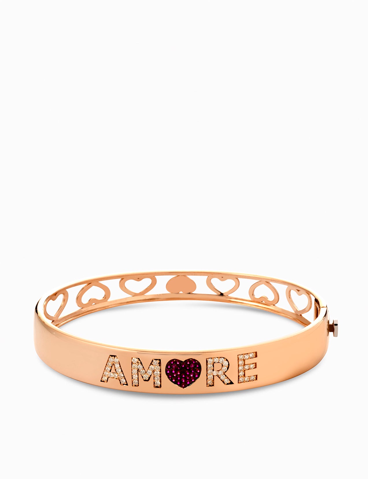 BRACCIALE IN ORO ROSA RIGIDO CON SCRITTA AMORE DIAMANTI E RUBINI