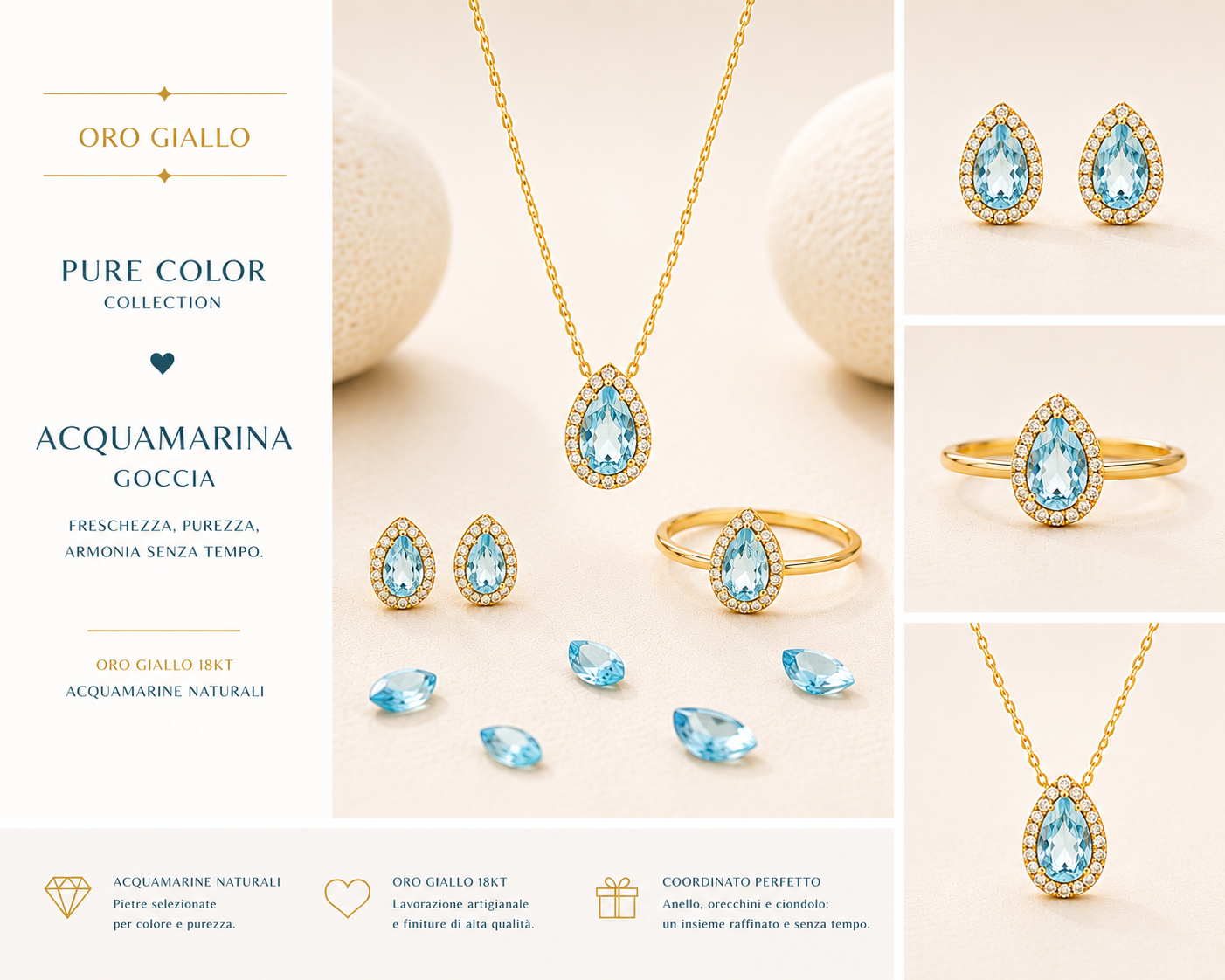 CIONDOLO IN ORO BIANCO CON DIAMANTI E GOCCIA ACQUAMARINA