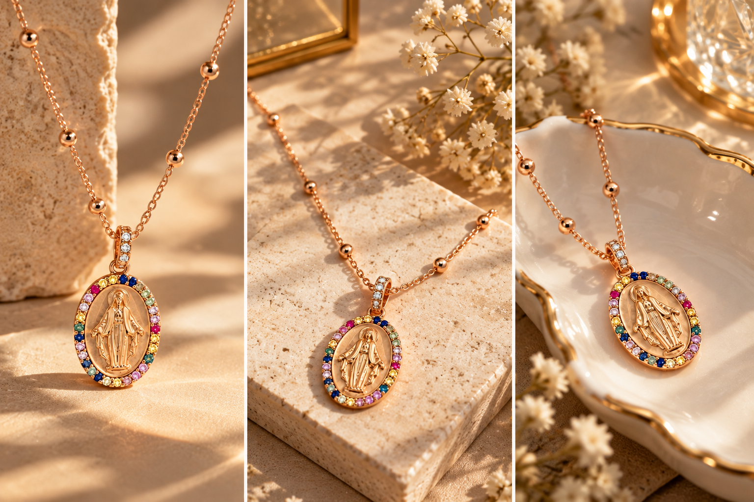 CIONDOLO MADONNA IN ORO ROSA CON DIAMANTI E RAINBOW