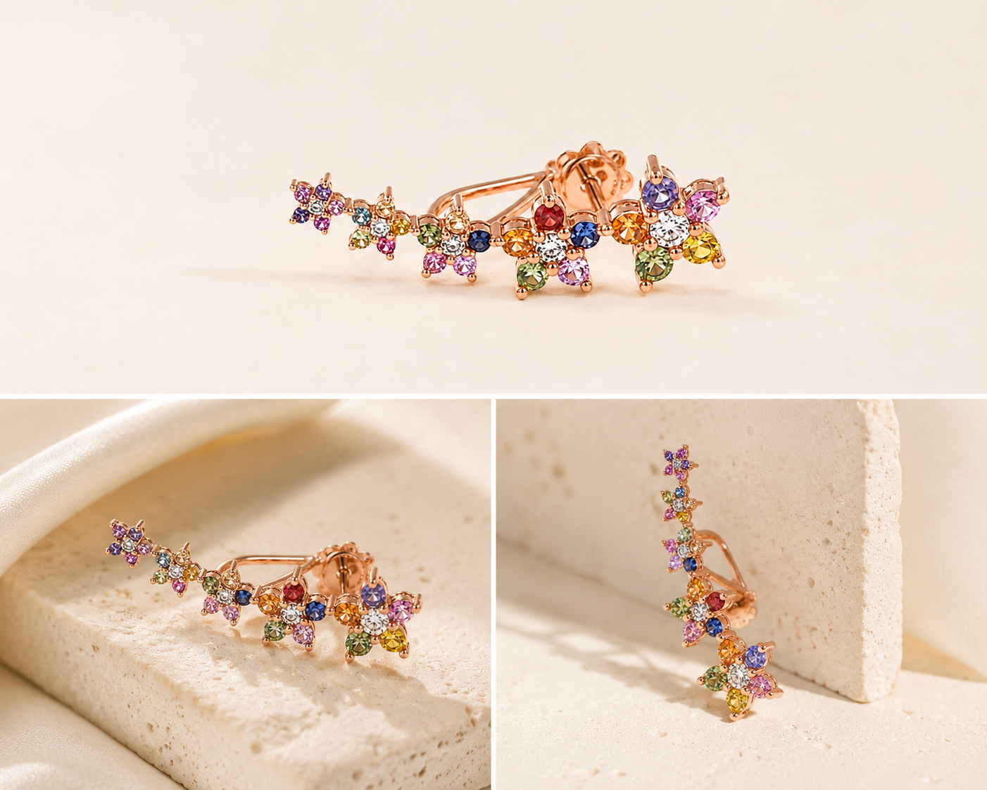MONO ORECCHINO LUNGO IN ORO ROSA CON DIAMANTI E DIAMANTI RAINBOW