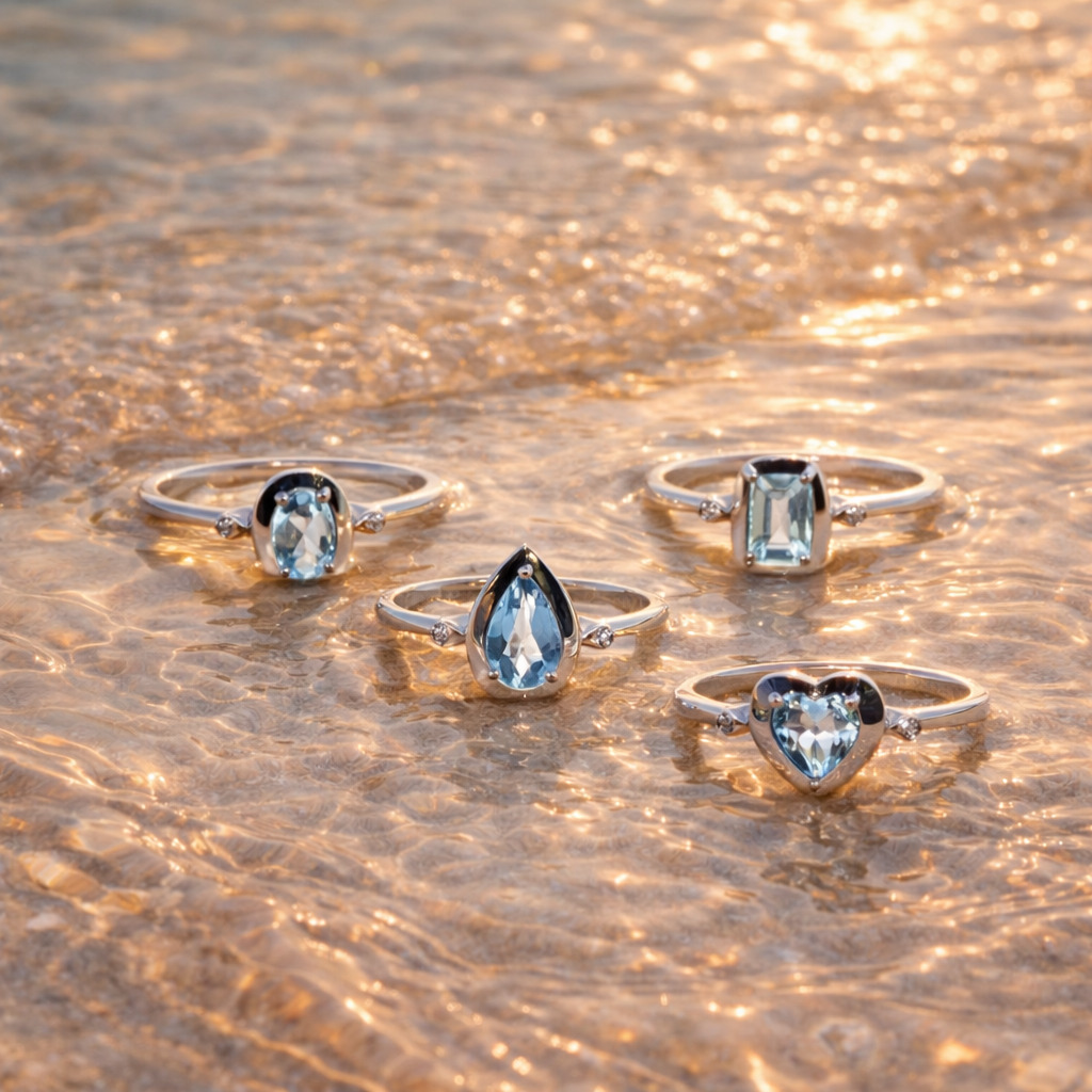 ANELLO IN ORO 9KT, BIANCO CON DIAMANTINI LATERALI E QUADRATO ACQUAMARINA