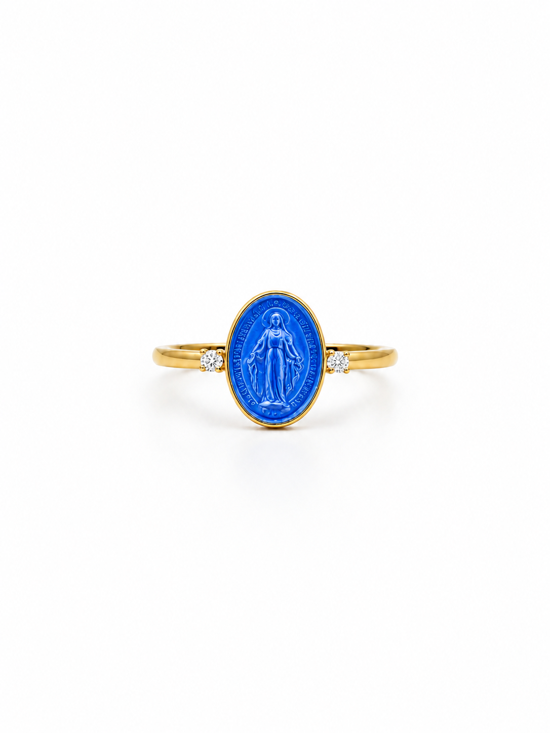 ANELLO IN ORO 9KT, CON MADONNINA IN CERAMICA E DIAMANTINI