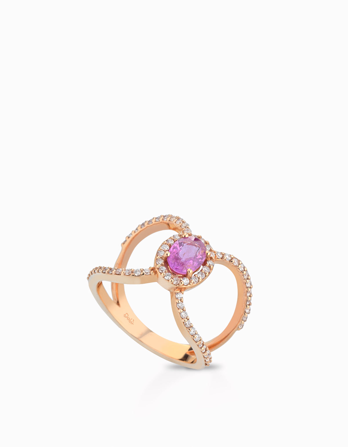 ANELLO FANTASIA IN ORO ROSA CON DIAMANTI E PIETRA CENTRALE OVALE ZAFFIRO ROSA
