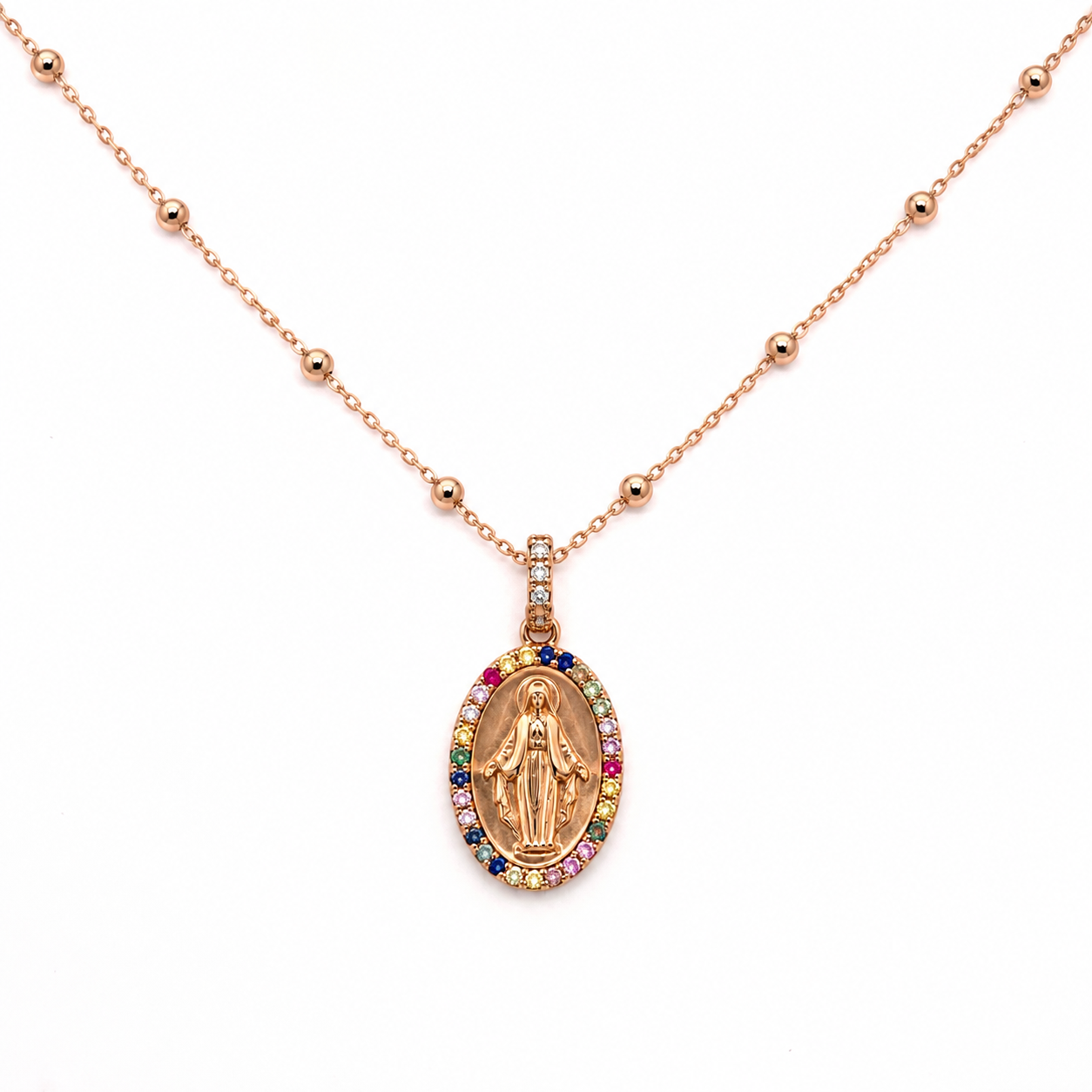 CIONDOLO MADONNA IN ORO ROSA CON DIAMANTI E RAINBOW