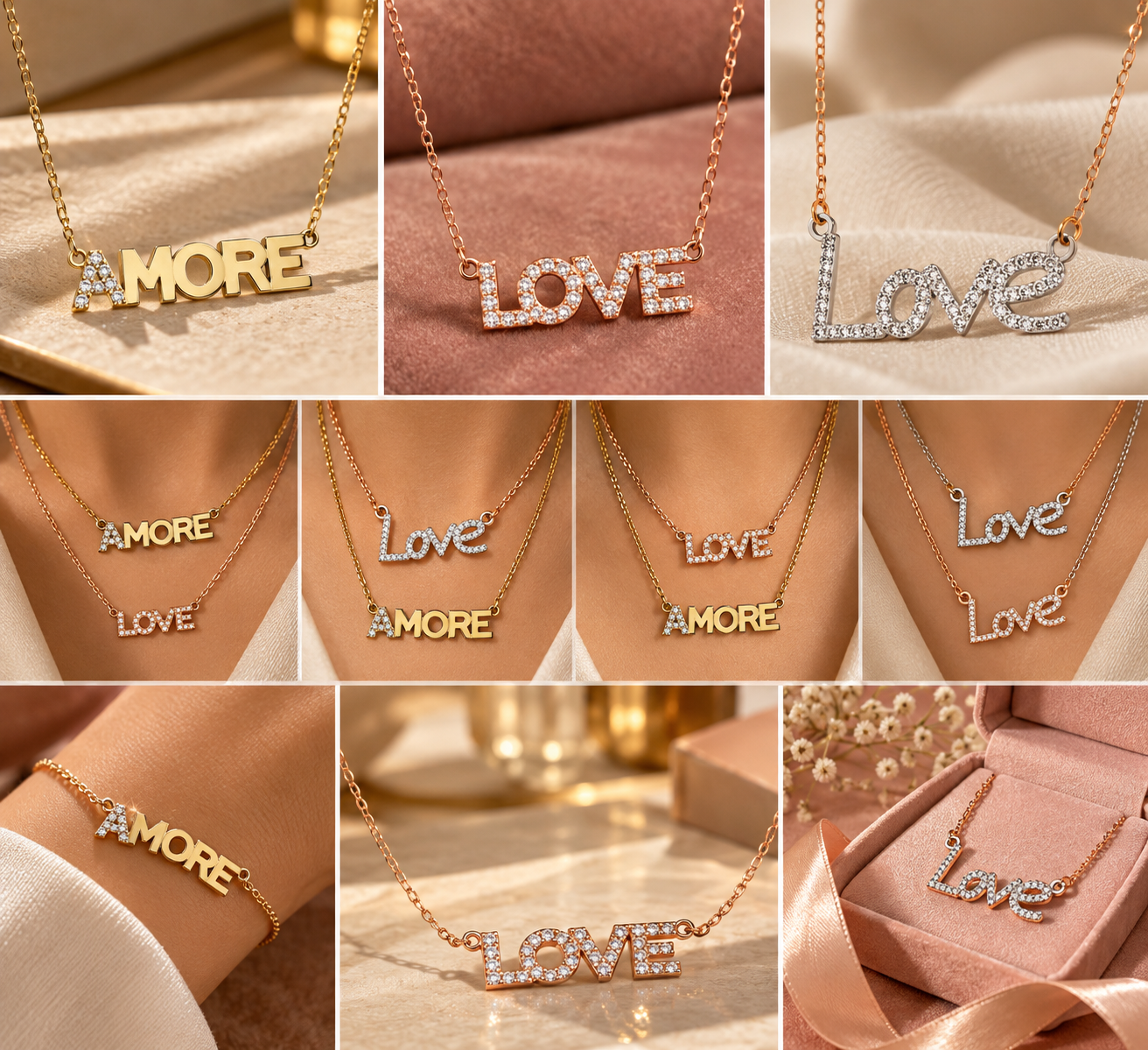 CIONDOLO BICOLORE ORO ROSA E ORO BIANCO CON SCRITTA LOVE E DIAMANTI