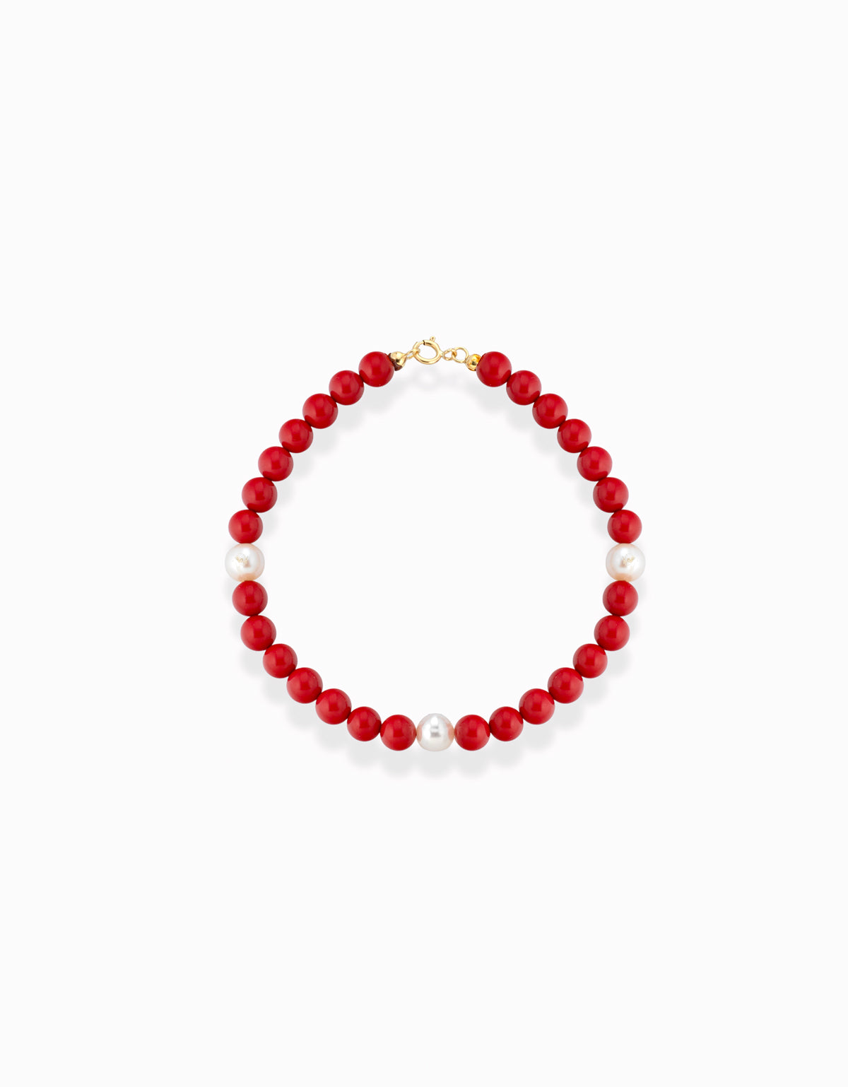BRACCIALE CON PASTA DI CORALLO, PERLE ALTERNATE CON IN CHIUSURA ORO GIALLO