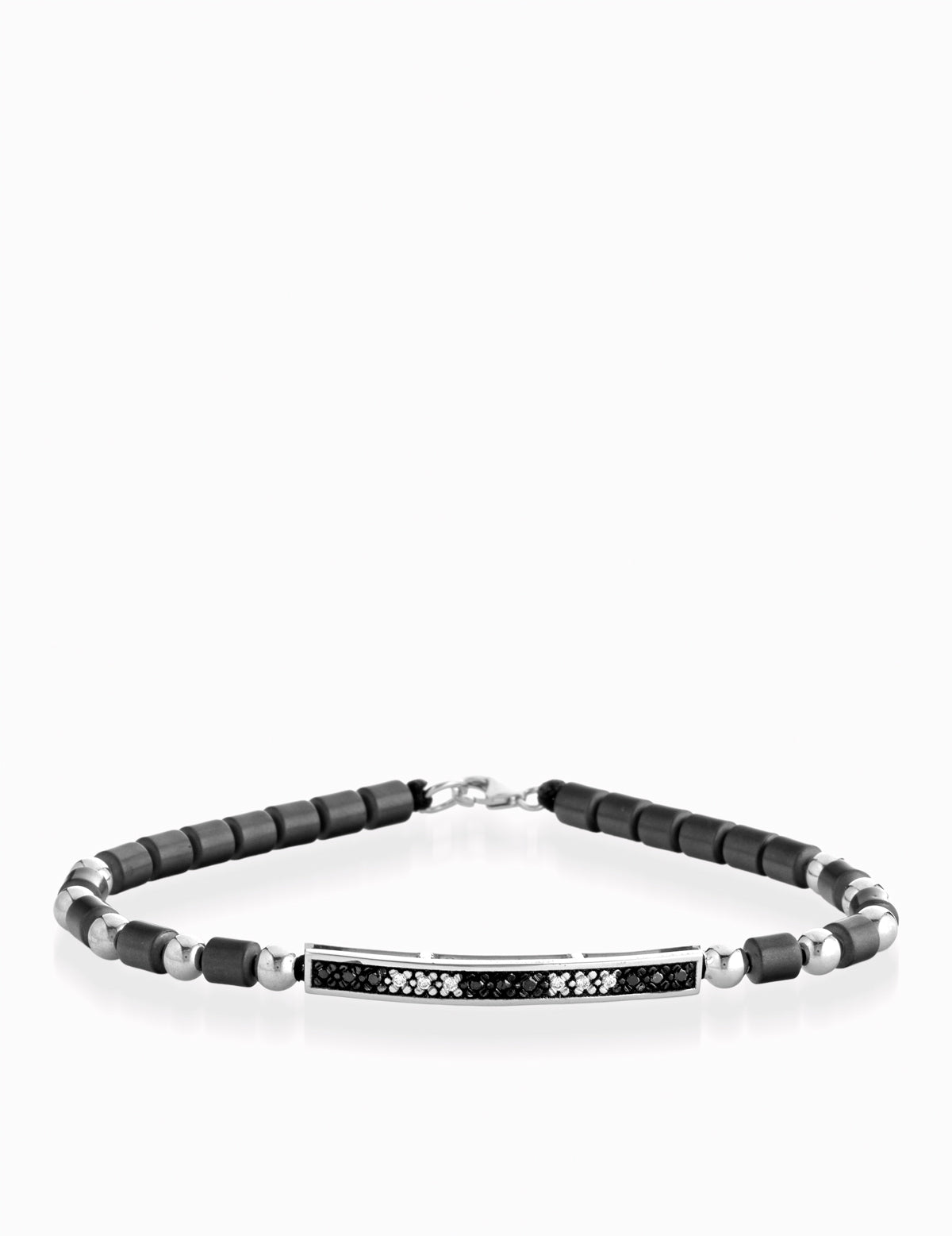 BRACCIALE IN ORO BIANCO CON EMATITE E BACCHETTA CENTRALE DI DIAMANTI E DIAMANTI NERI