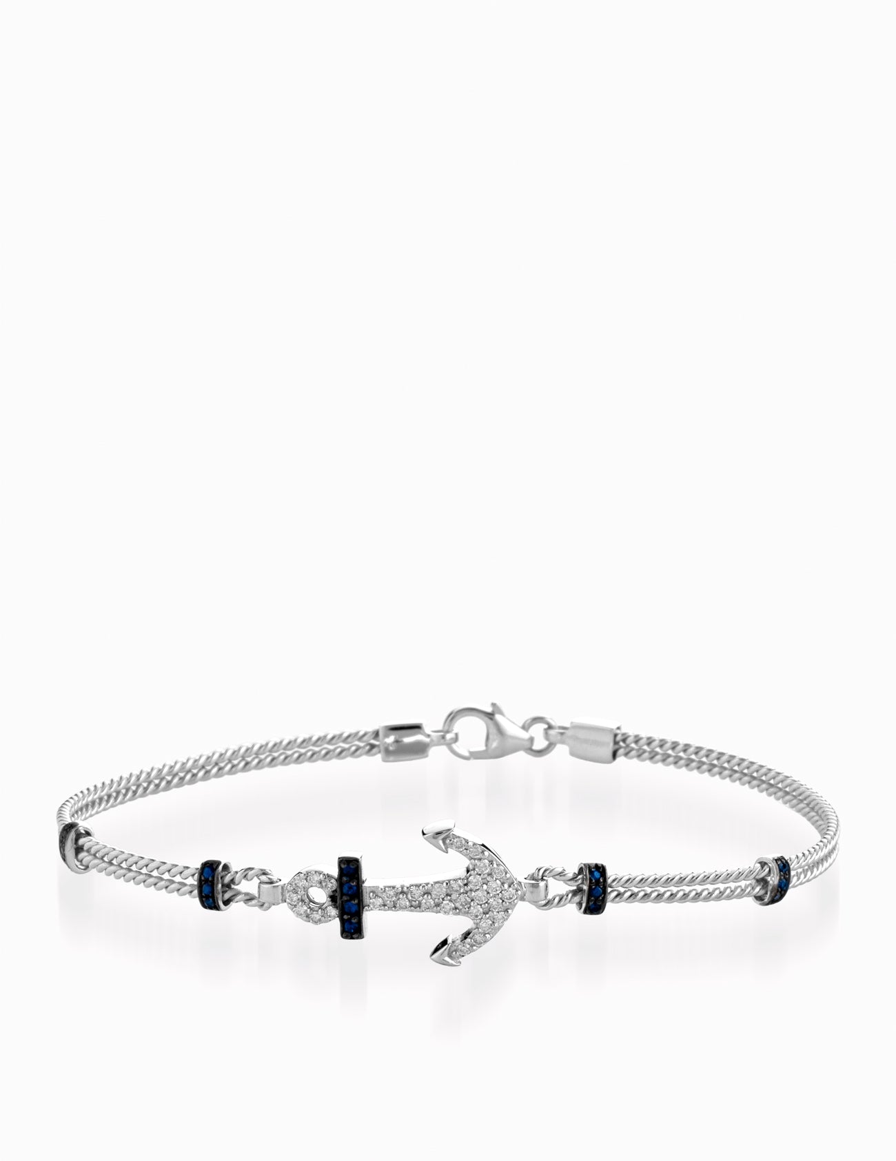 BRACCIALE RIGIDO IN ORO BIANCO CON ANCORA CENTRALE DI DIAMANTI E ZAFFIRI