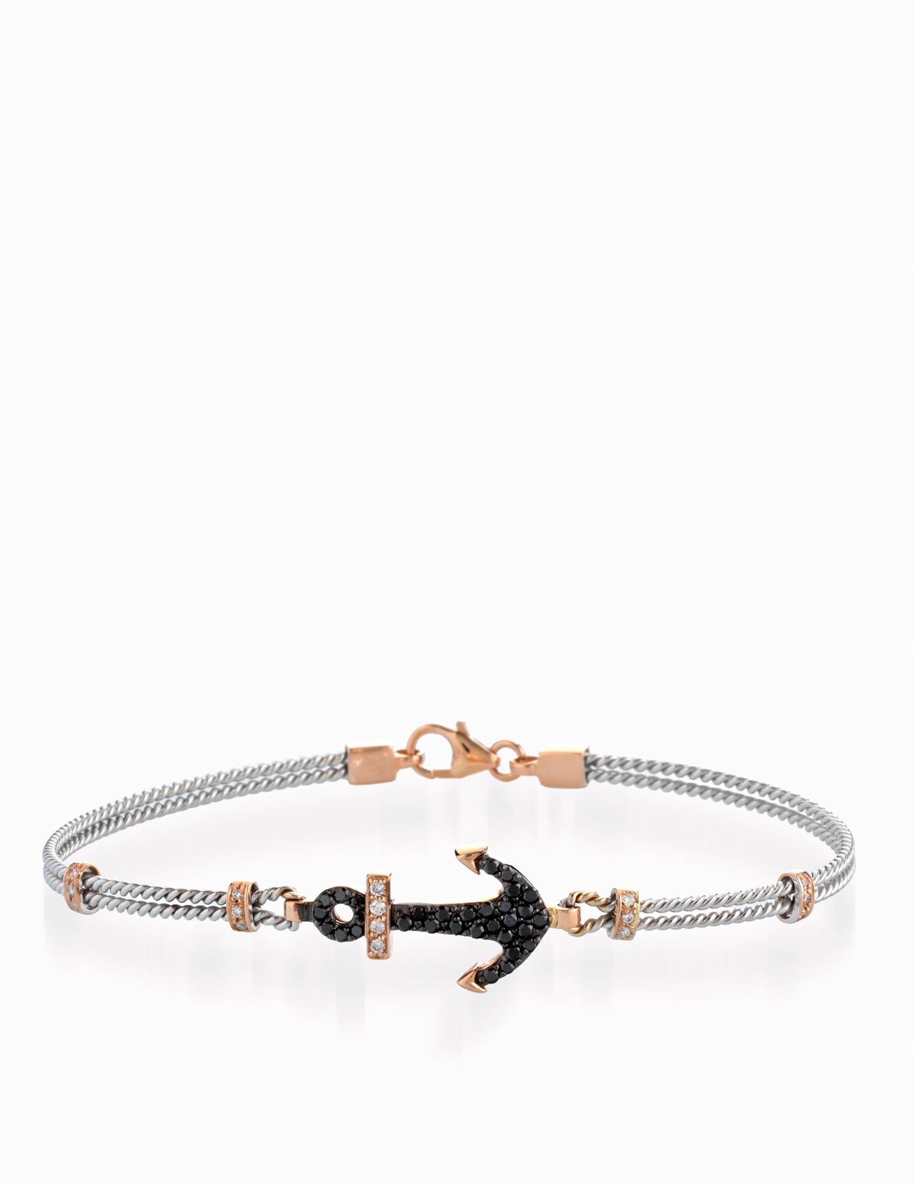 BRACCIALE RIGIDO IN ORO BIANCO E ORO ROSA CON ANCORA DI DIAMANTI NERI E DIAMANTI