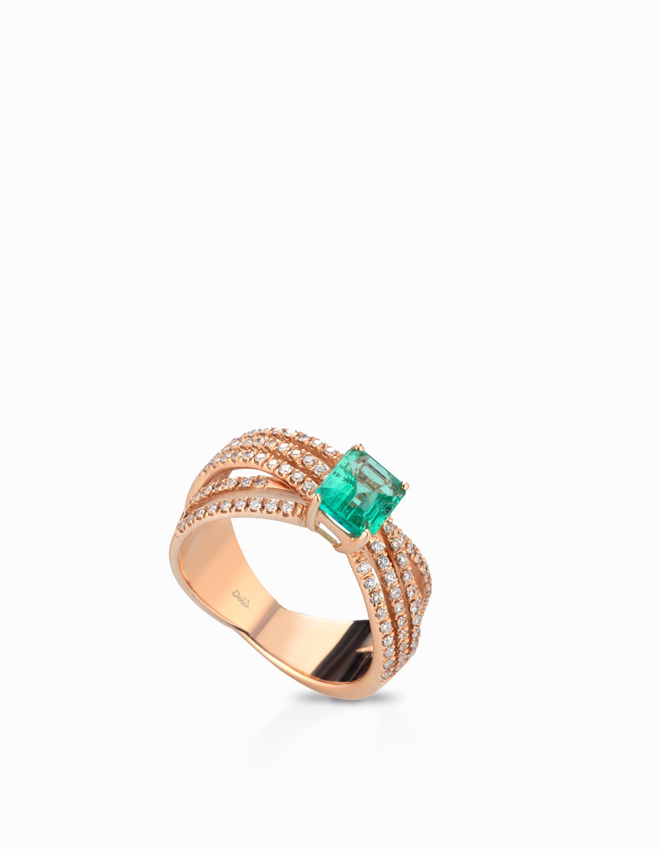 ANELLO A FASCE IN ORO ROSA CON DIAMANTI E SMERALDO CENTRALE