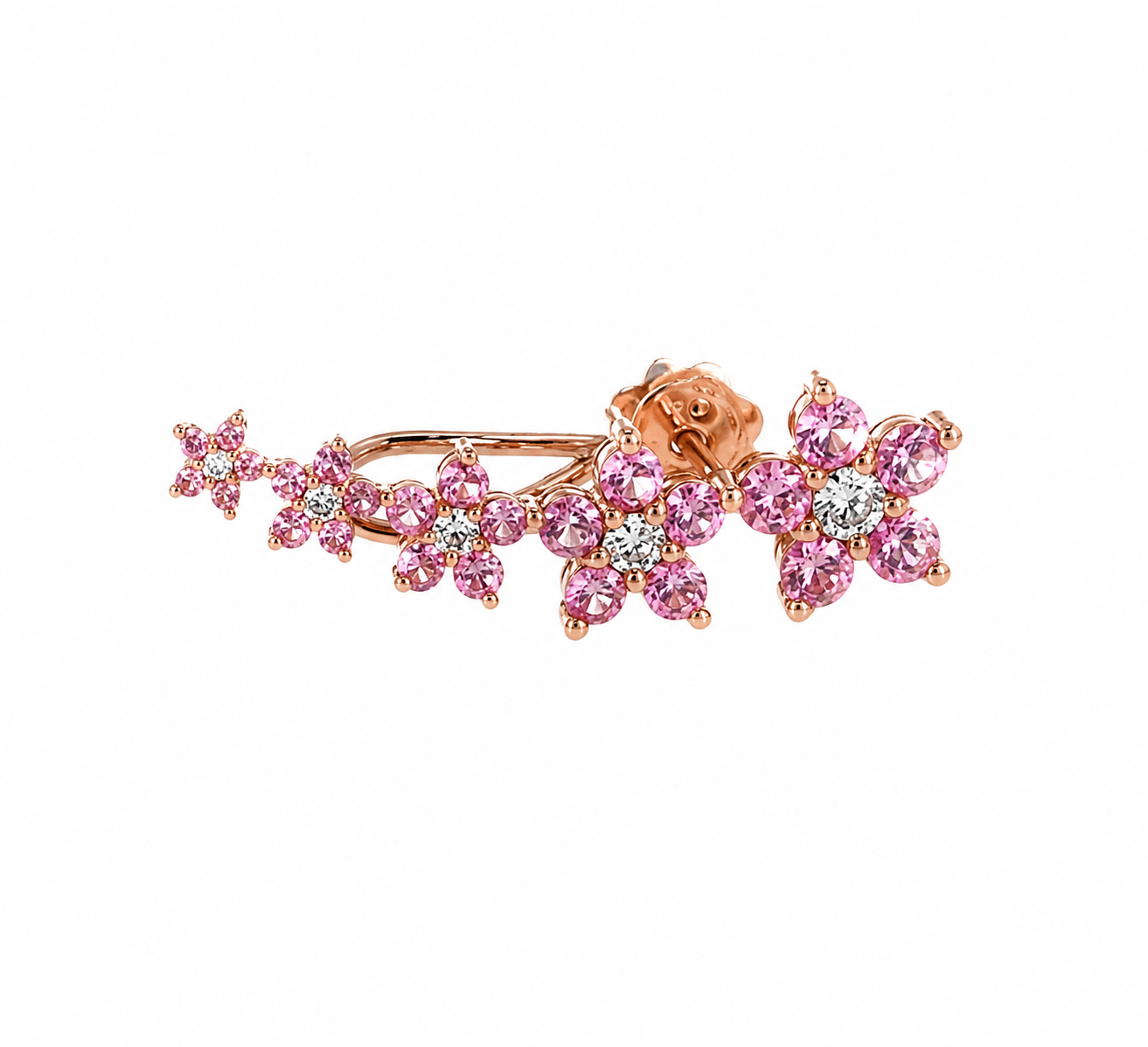MONO ORECCHINO LUNGO IN ORO ROSA CON ZAFFIRI ROSA E DIAMANTI