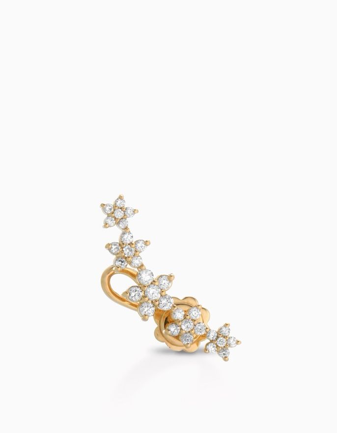 MONO ORECCHINO LUNGO IN ORO GIALLO CON FIORI DI DIAMANTI