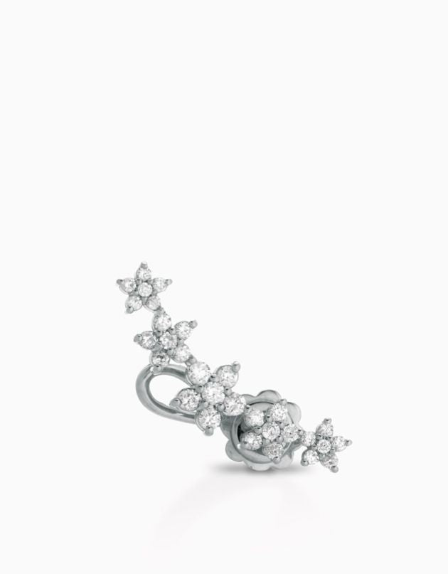 MONO ORECCHINO LUNGO IN ORO BIANCO CON FIORI DI DIAMANTI
