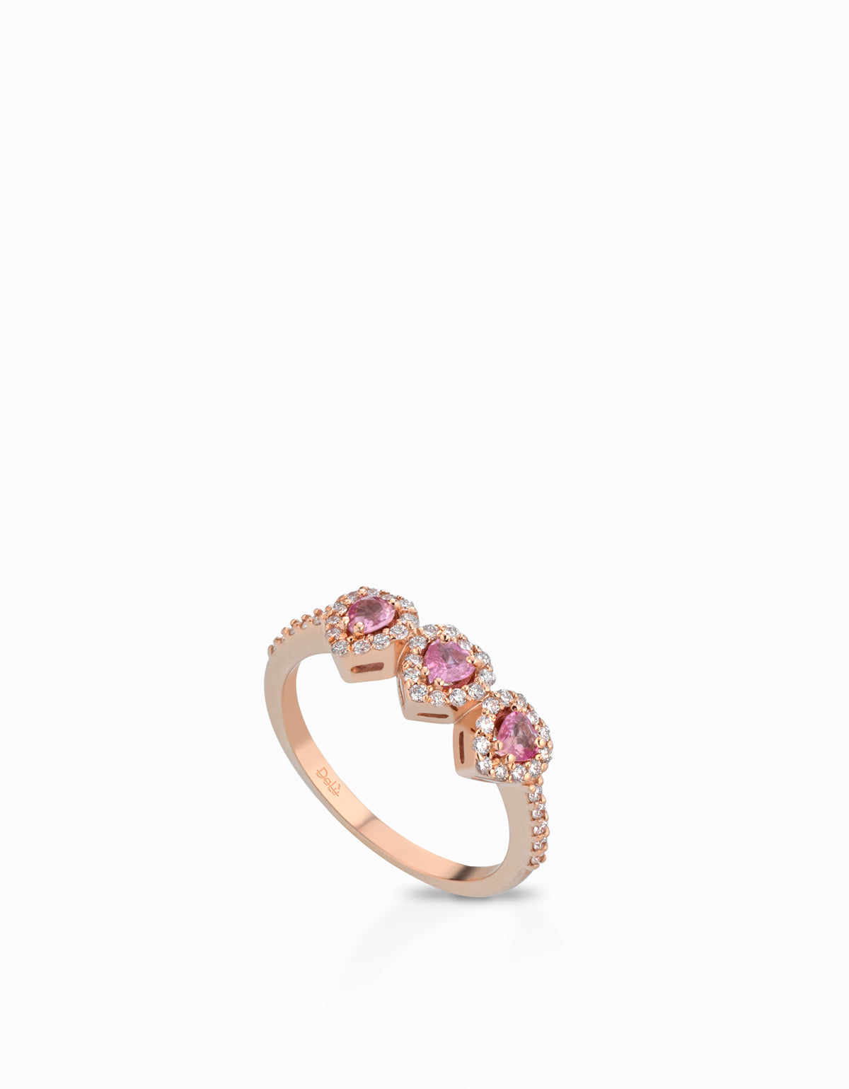 ANELLO A TRE IN ORO ROSA CON DIAMANTI E CUORI CENTRALI ZAFFIRI ROSA