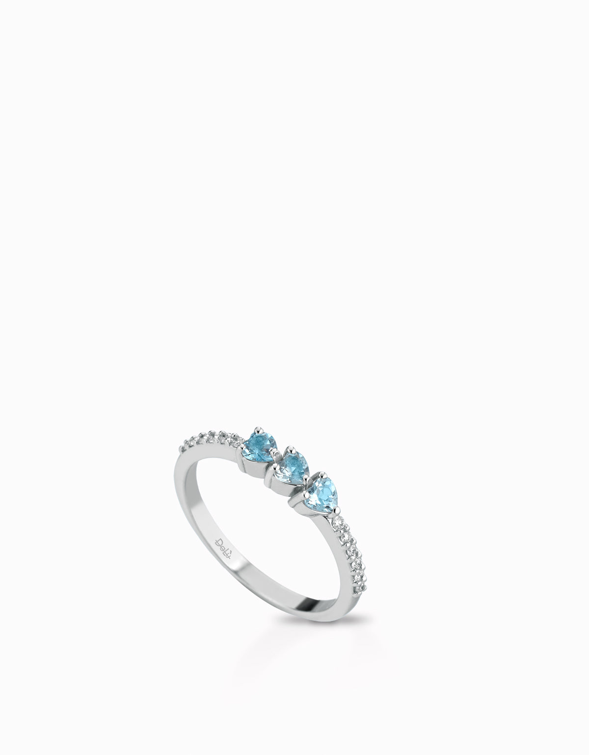 ANELLO TRILOGY CON DIAMANTI E CUORI  CENTRALI DI ACQUAMARINA IN ORO BIANCO