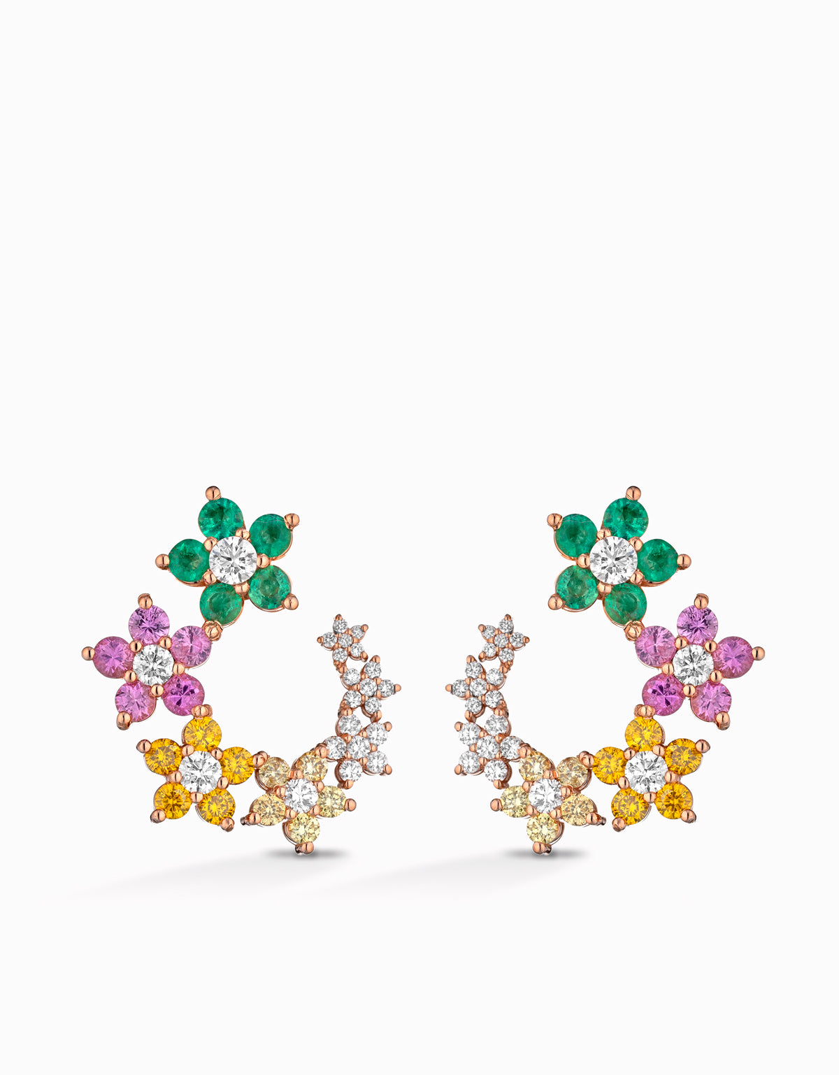 ORECCHINI A FANTASIA FIORI IN ORO ROSA CON PIETRE PREZIOSE COLORATE E DIAMANTI