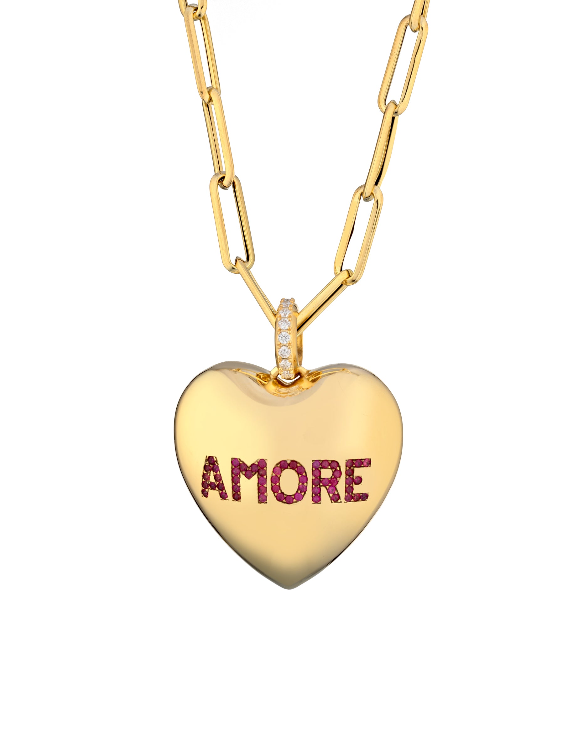 CIONDOLO IN ORO GIALLO CON CUORE E SCRITTA DI RUBINI E DIAMANTI