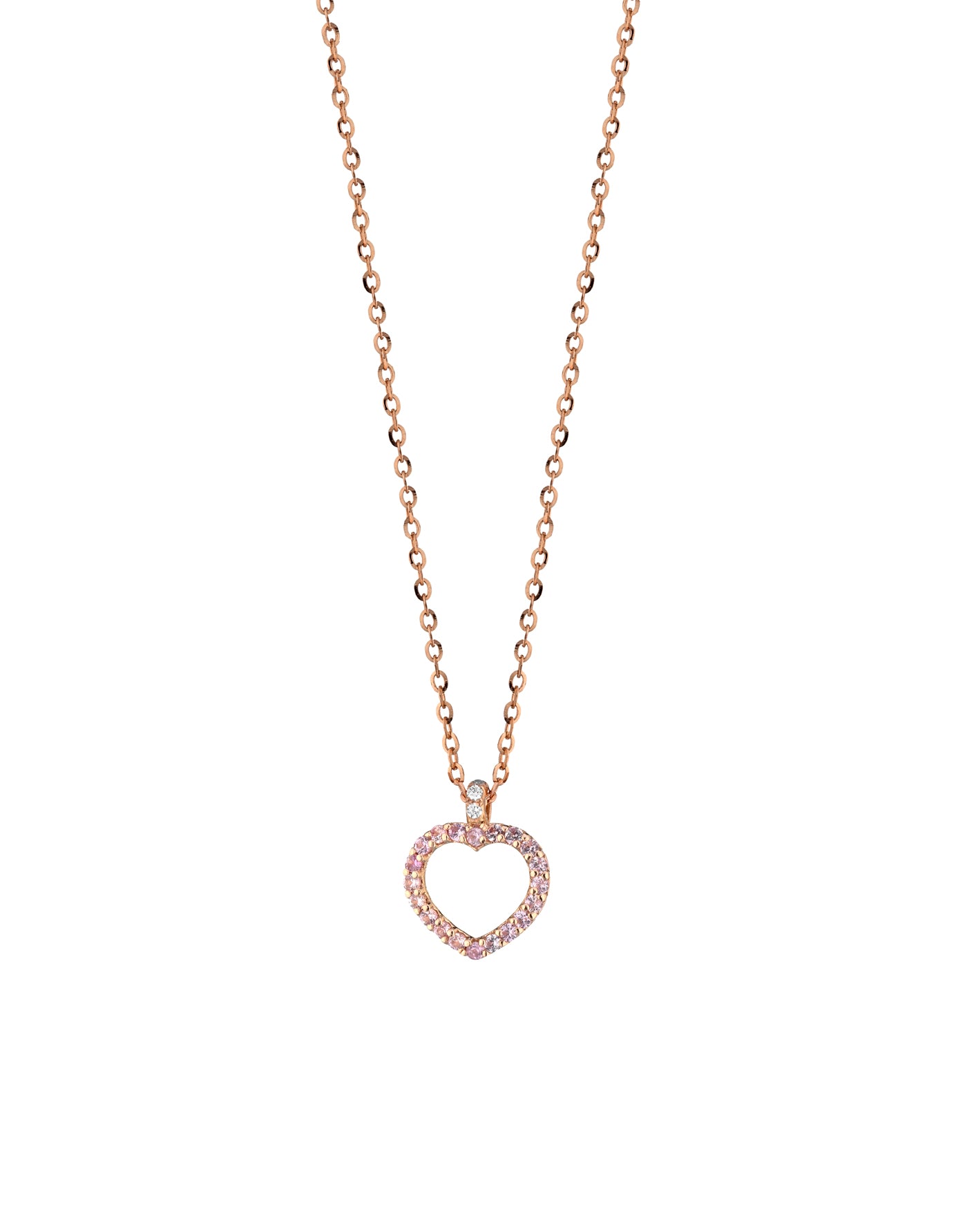 CIONDOLO IN ORO ROSA CON CUORE PICCOLO APERTO DI DIAMANTI E ZAFFIRI ROSA