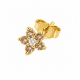 MONO ORECCHINO A FIORI IN ORO GIALLO CON DIAMANTINO CENTRALE E DIAMANTI BROWN