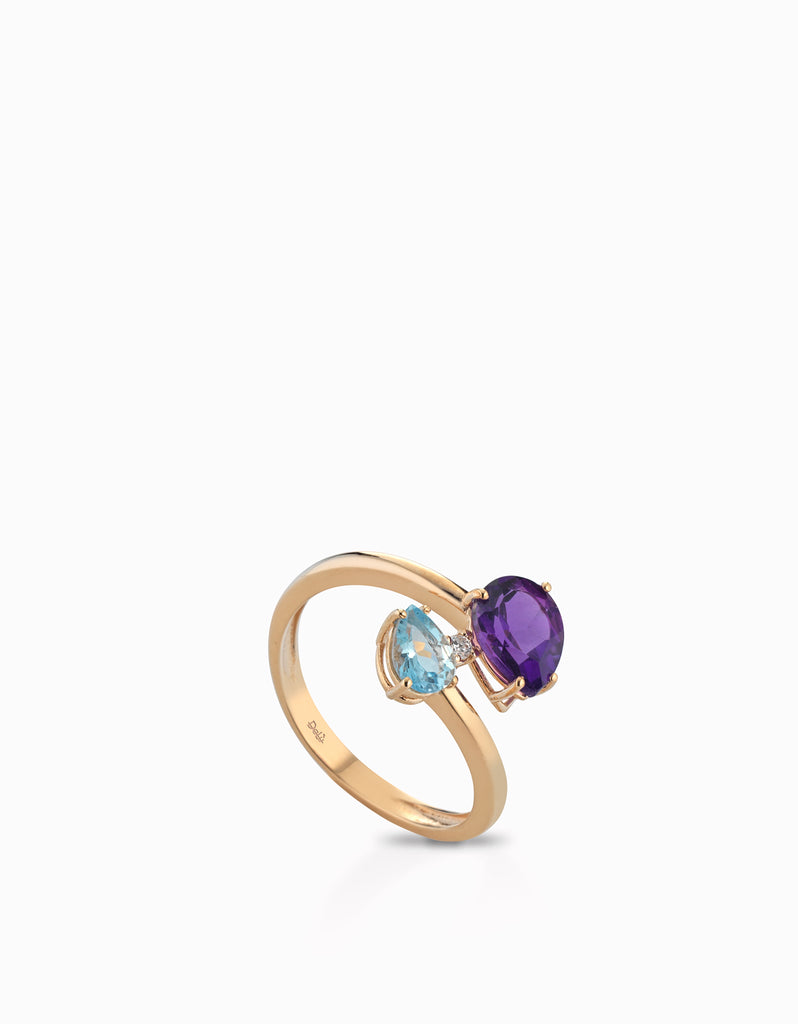 ANELLO IN ORO ROSA CON GOCCIA PICCOLA DI TOPAZIO E GOCCIA GRANDE AMETISTA CON UN DIAMANTINO