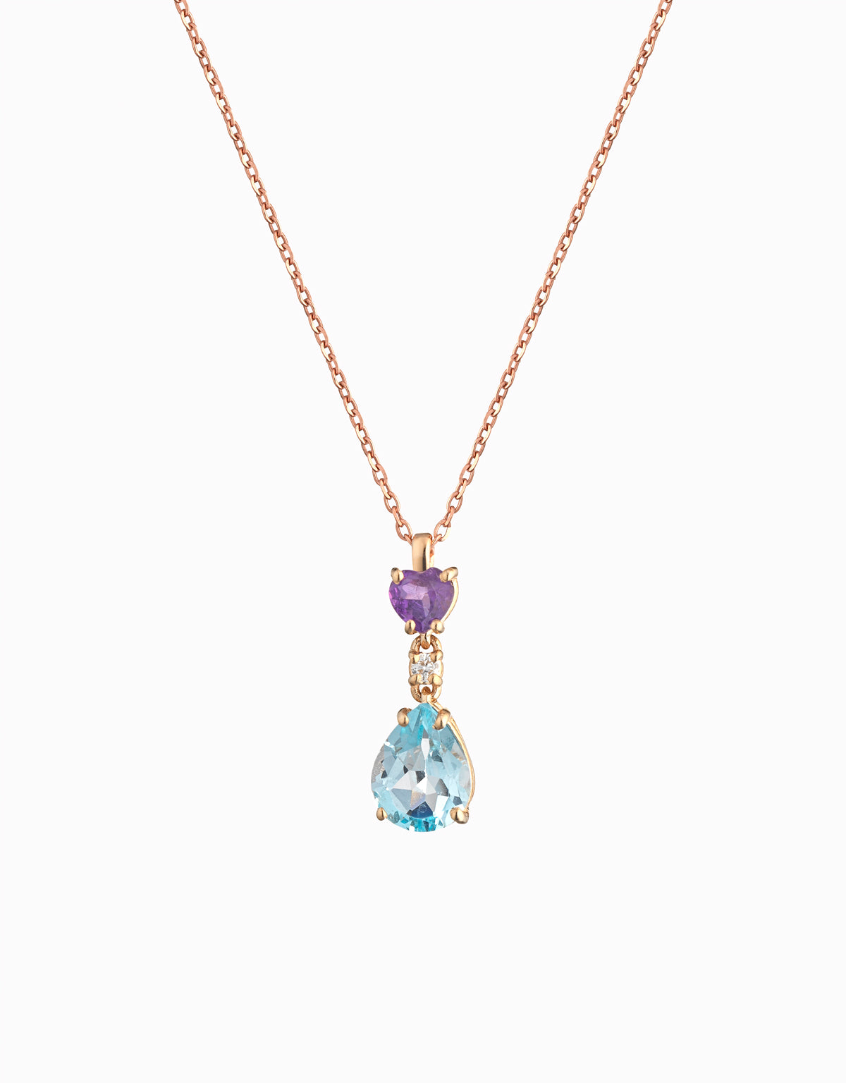CIONDOLO IN ORO ROSA CON CUORE AMETISTA DIAMANTINO E GOCCIA DI TOPAZIO