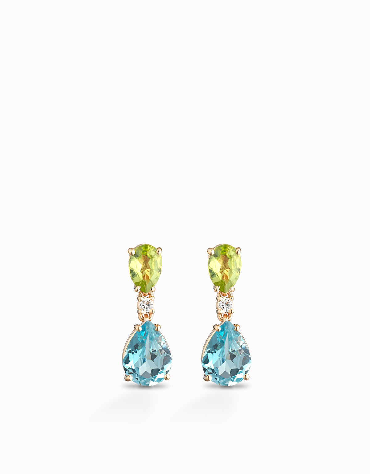 ORECCHINI IN ORO ROSA, CON GOCCE DI PERIDOTO E TOPAZIO, DIAMANTI CENTRALI