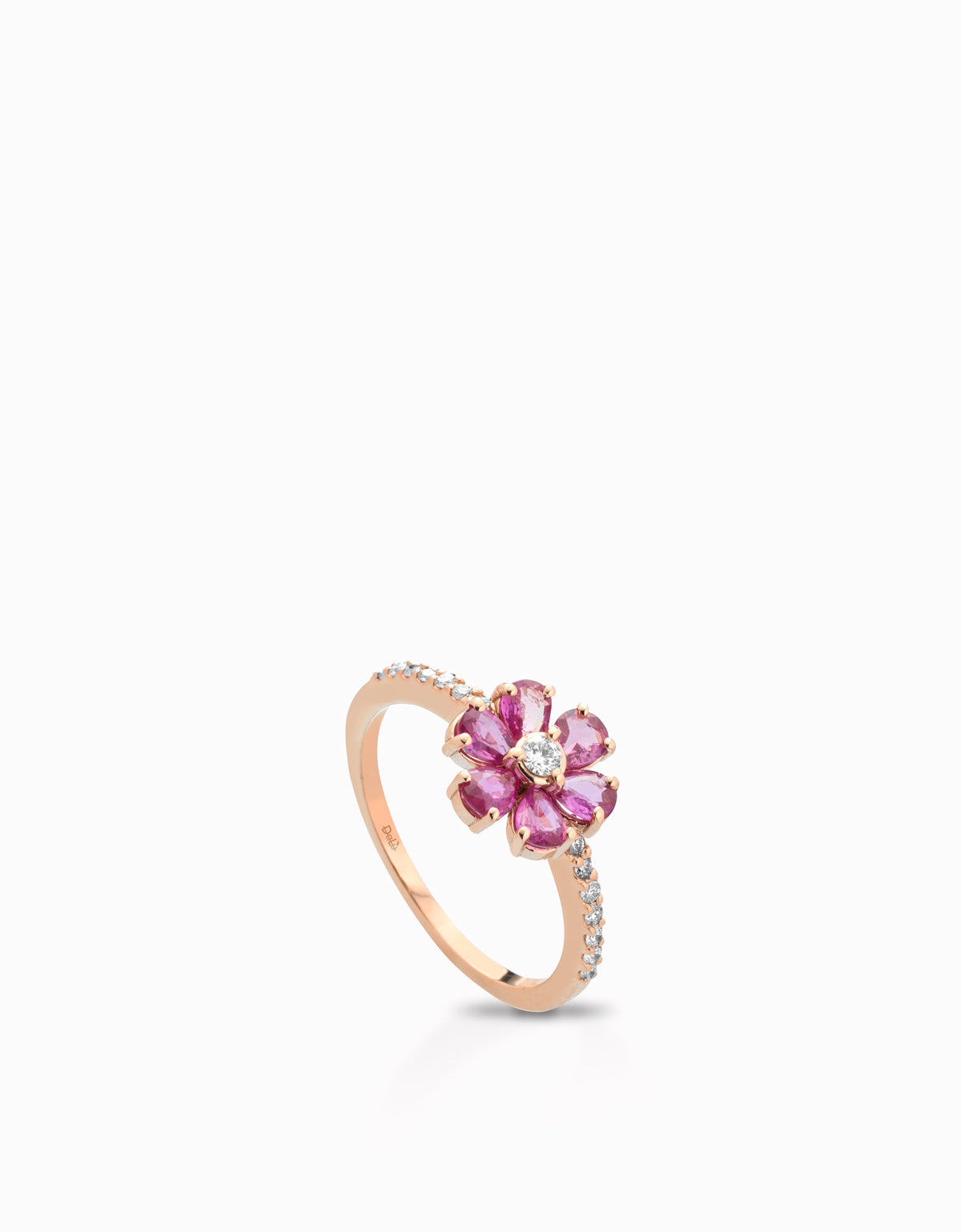ANELLO A FIORE IN ORO ROSA CON DIAMANTI E RUBINI ROSA