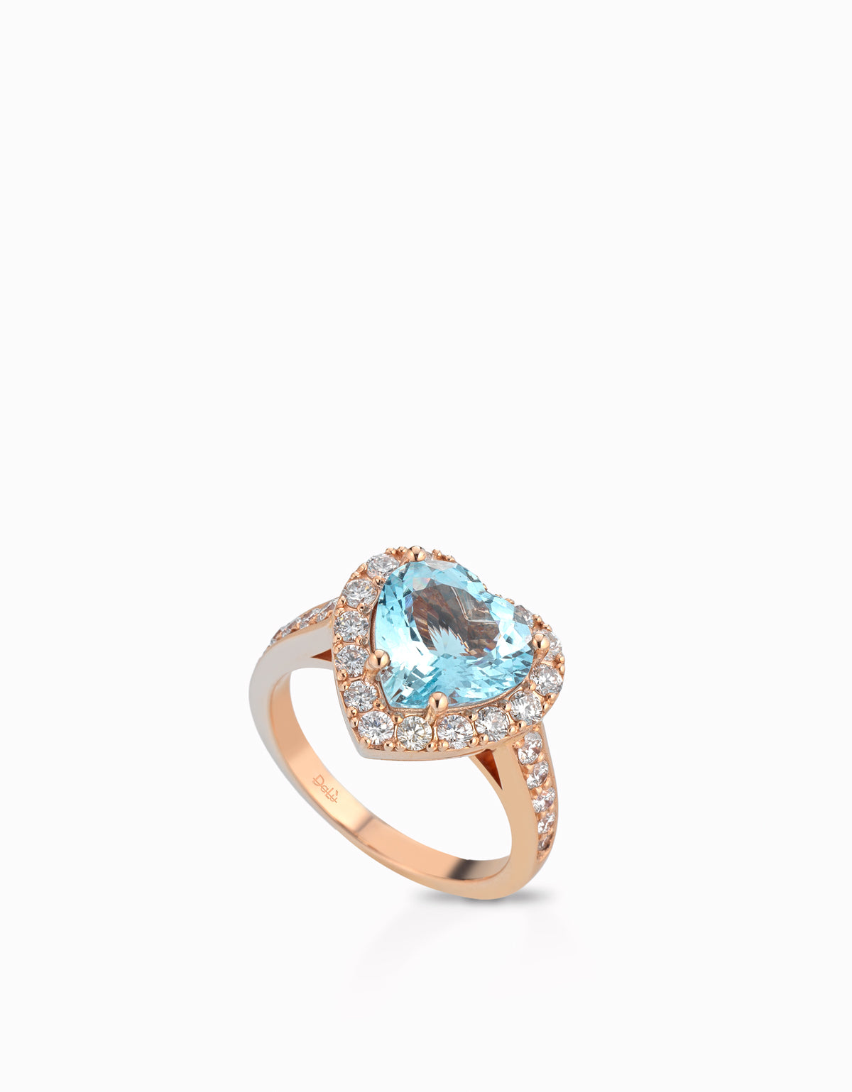ANELLO A CUORE IN ORO ROSA CON DIAMANTI E CUORE CENTRALE CON PIETRA ACQUAMARINA