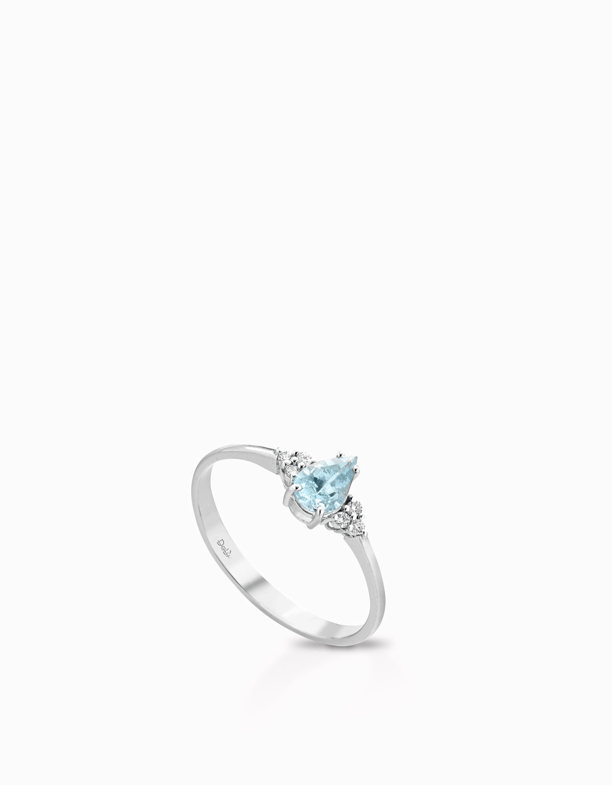 ANELLO CON GOCCIA DI ACQUAMARINA IN ORO BIANCO CON SEI DIAMANTI LATERALI