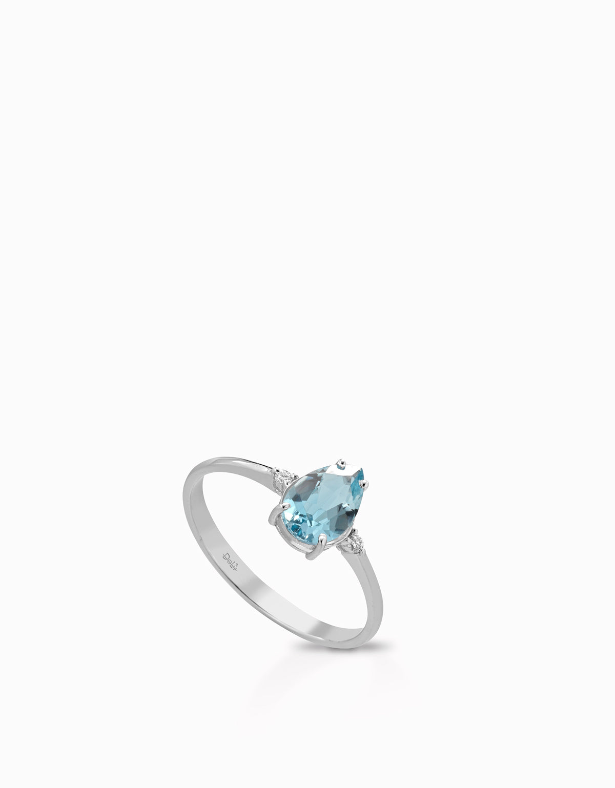 ANELLO A GOCCIA DI ACQUAMARINA IN ORO BIANCO CON DUE DIAMANTI LATERALI