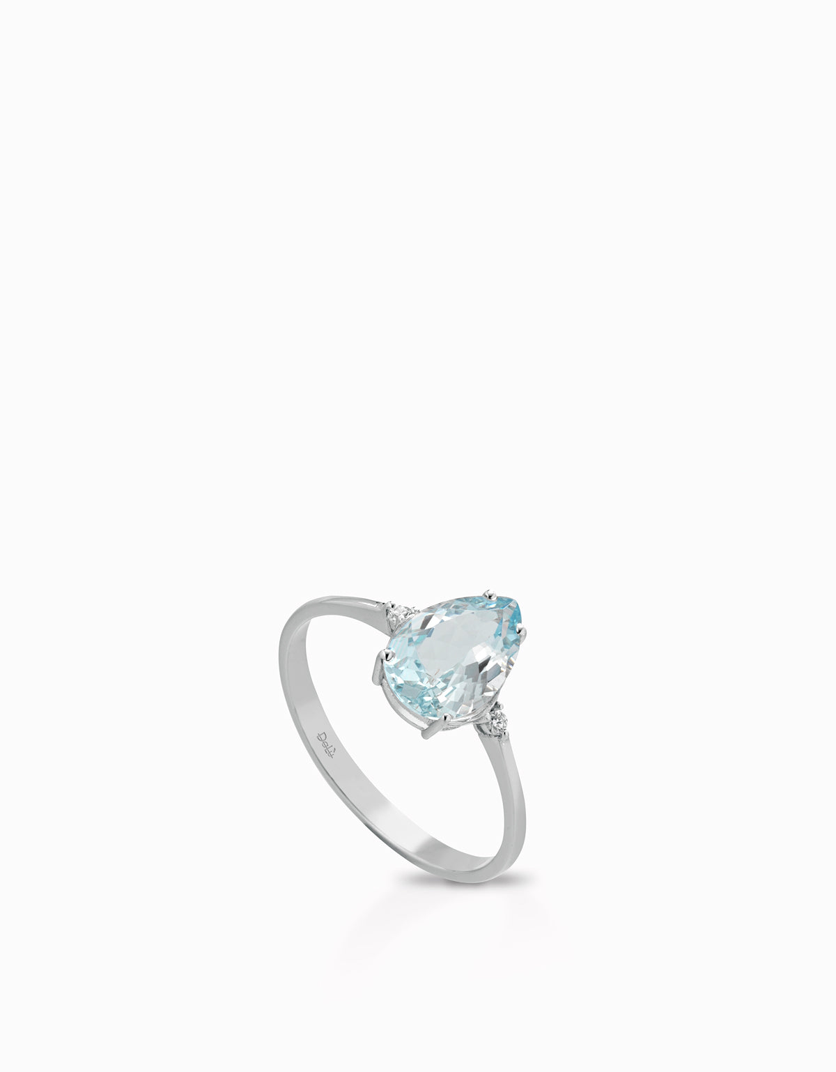 ANELLO A GOCCIA DI ACQUAMARINA IN ORO BIANCO CON DUE DIAMANTI LATERALI