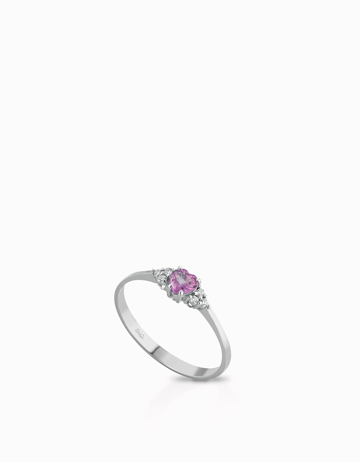 ANELLO CON CUORE CENTRALE DI ZAFFIRO ROSA IN ORO BIANCO CON SEI DIAMANTI LATERALI