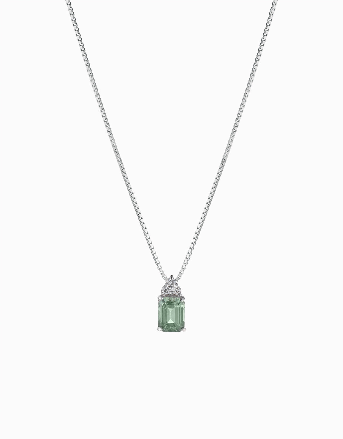 CIONDOLO CON PERIDOTO CENTRALE IN ORO BIANCO CON TRE DIAMANTI