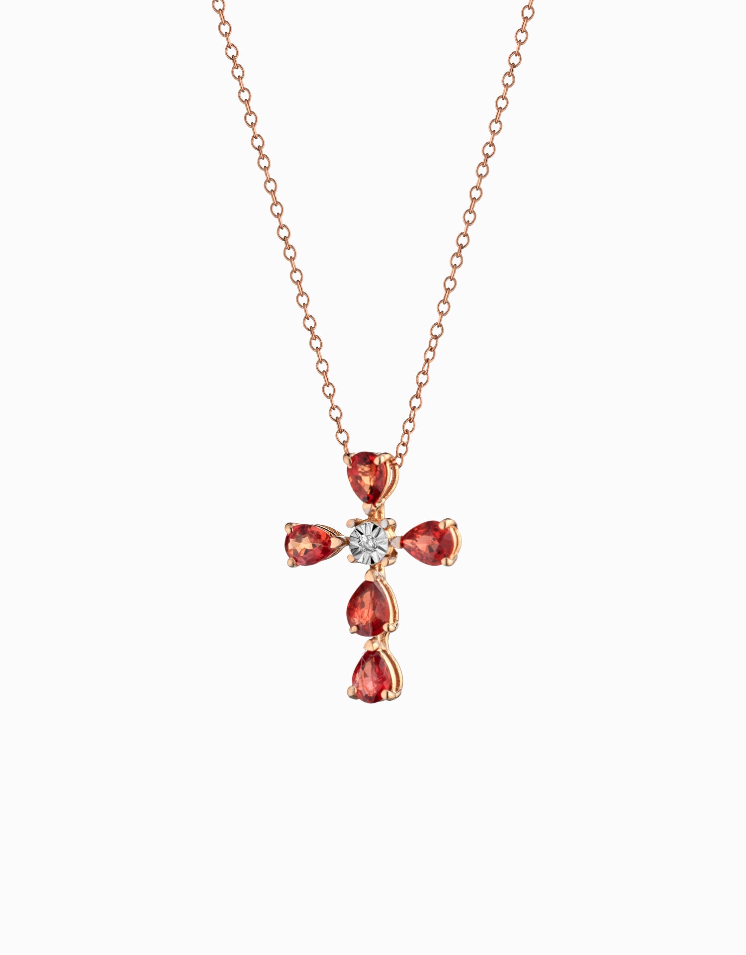 CROCE IN ORO ROSA CON DIAMANTINO E PIETRE DI CORINDONE ARANCIO