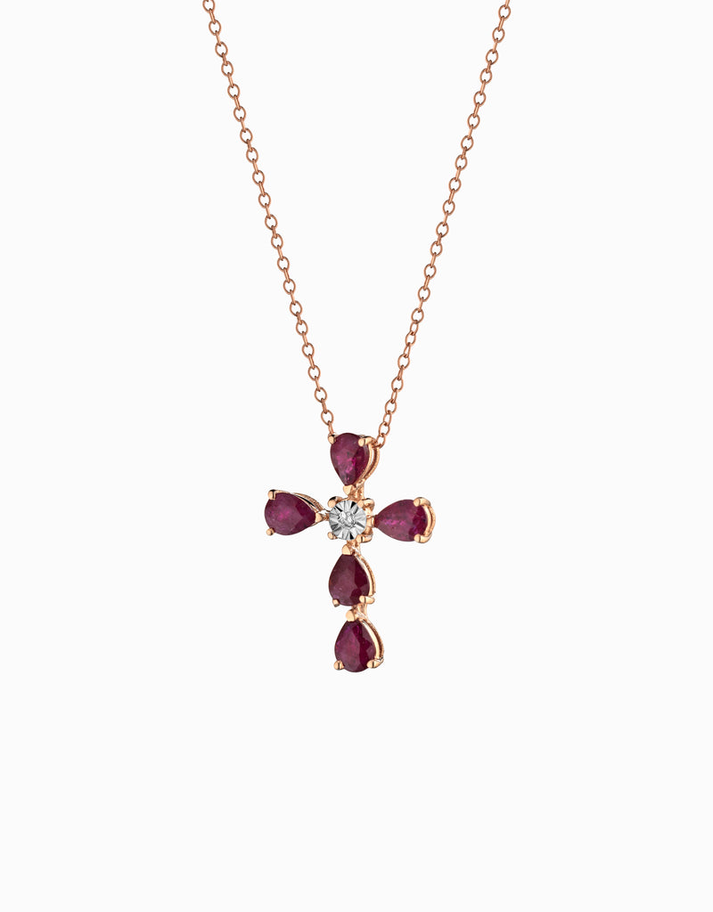 CROCE IN ORO ROSA CON DIAMANTINO CENTRALE E RUBINI