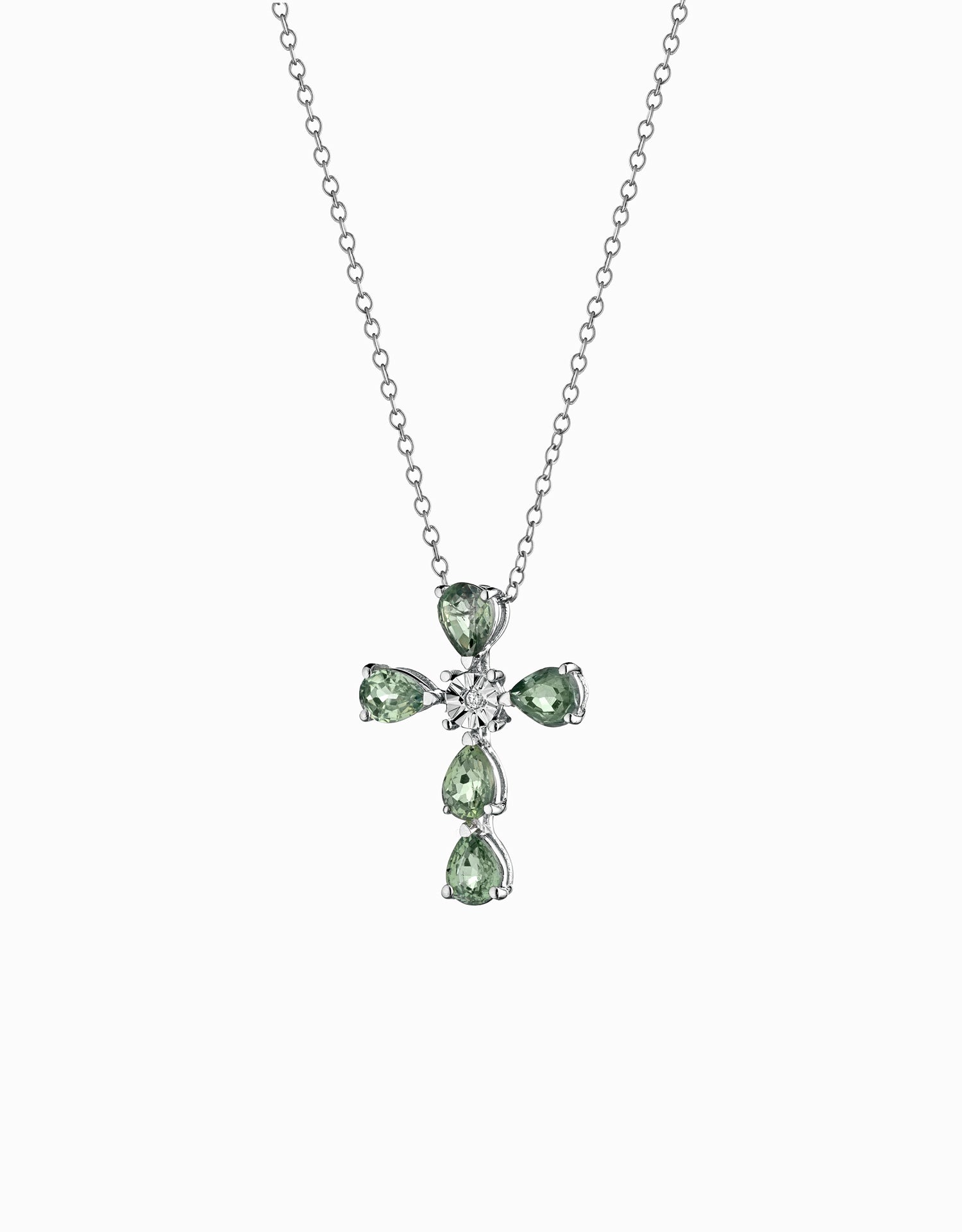CROCE IN ORO BIANCO CON DIAMANTINO CENTRALE E PIETRE DI CORINDONE VERDE