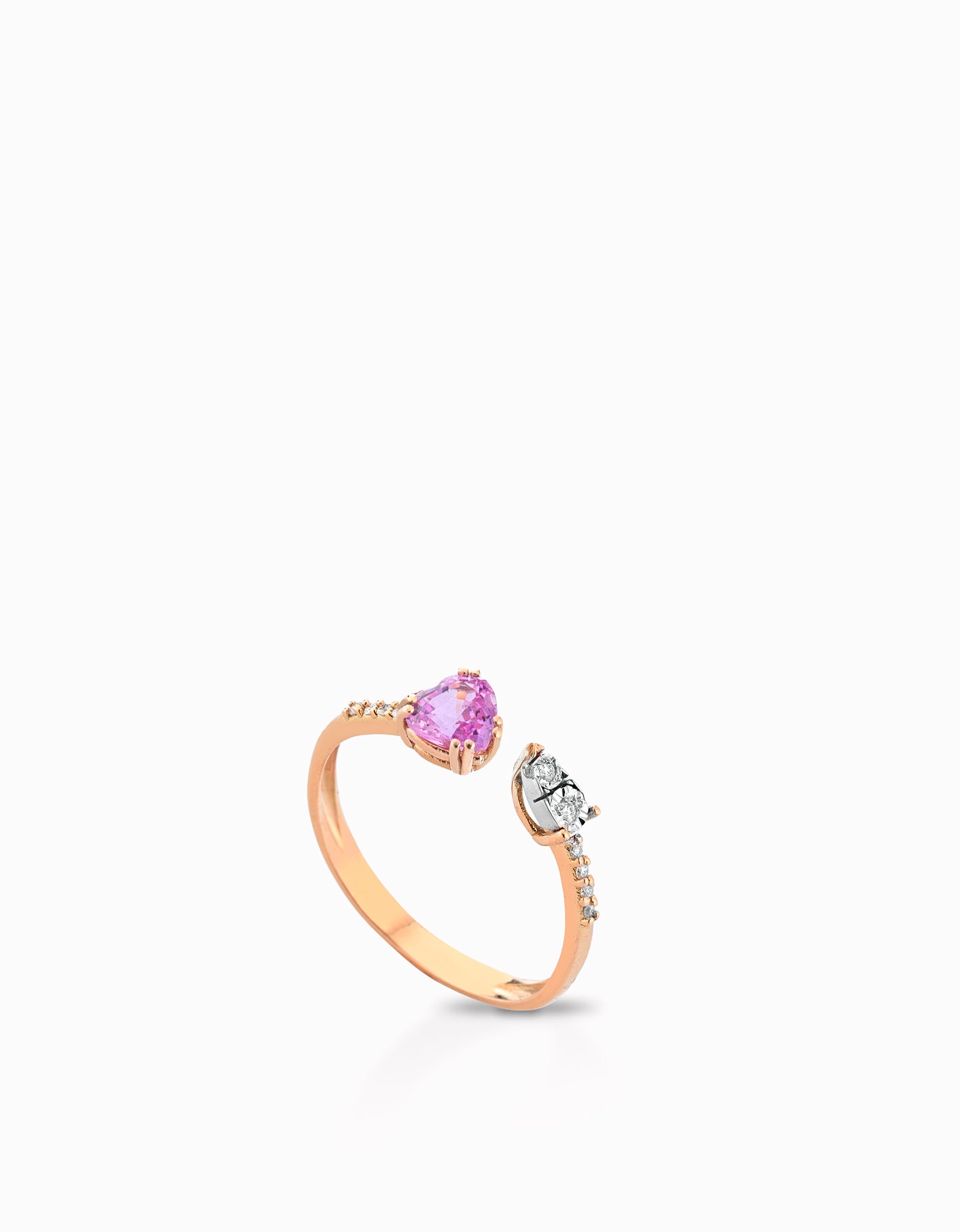 ANELLO IN ORO ROSA CON CUORE DI ZAFFIRO ROSA E DIAMANTINO