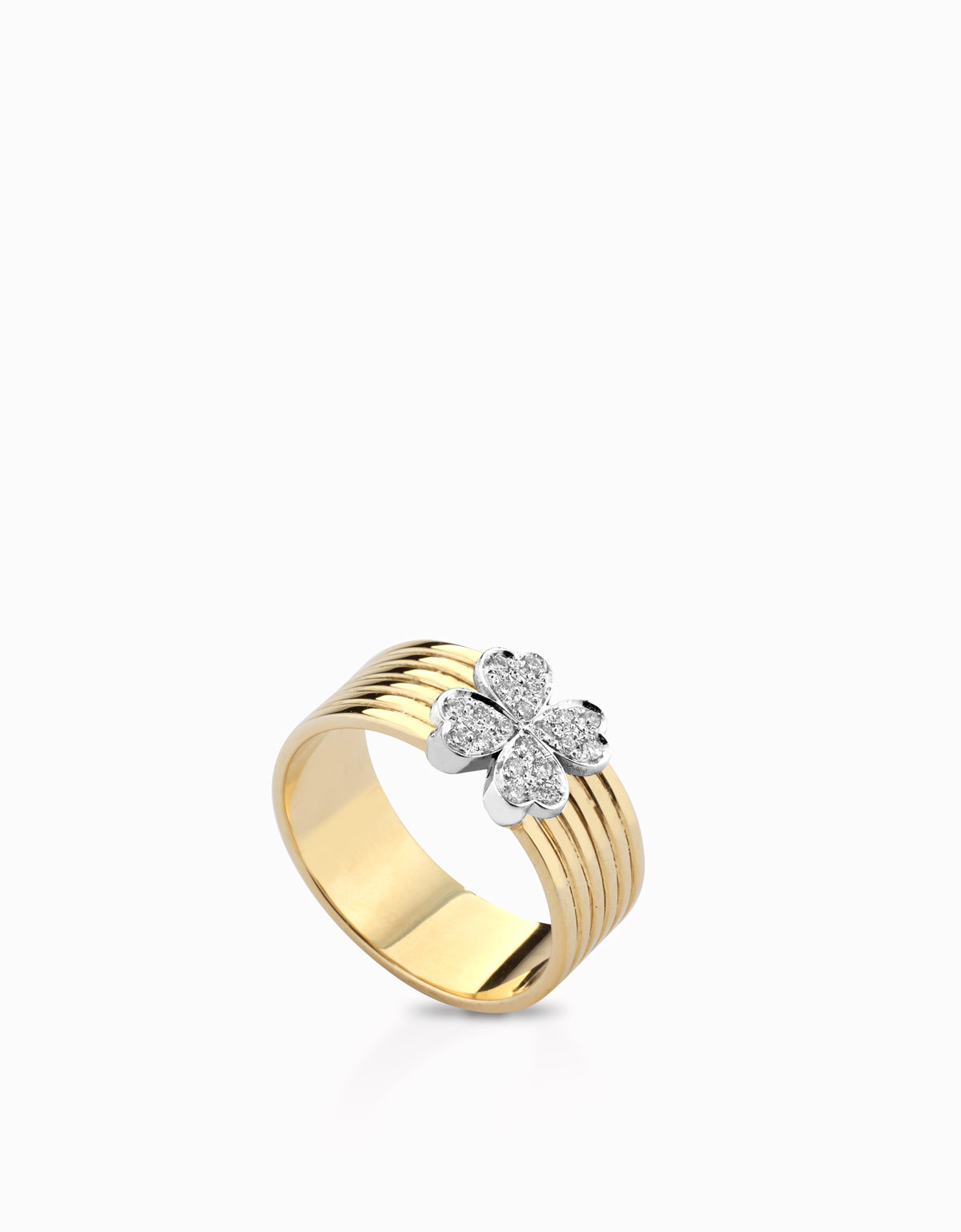 Anello fascia in oro giallo con quadrifoglio di diamanti