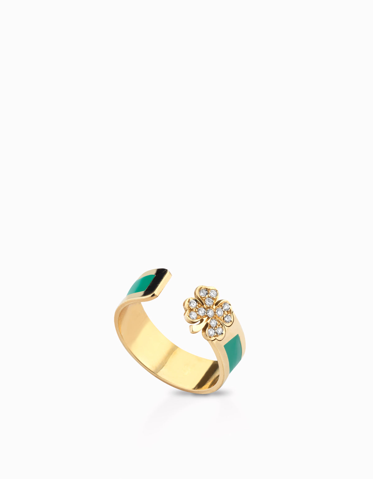 Anello aperto in oro giallo con smalto tiffany e quadrifoglio di diamanti
