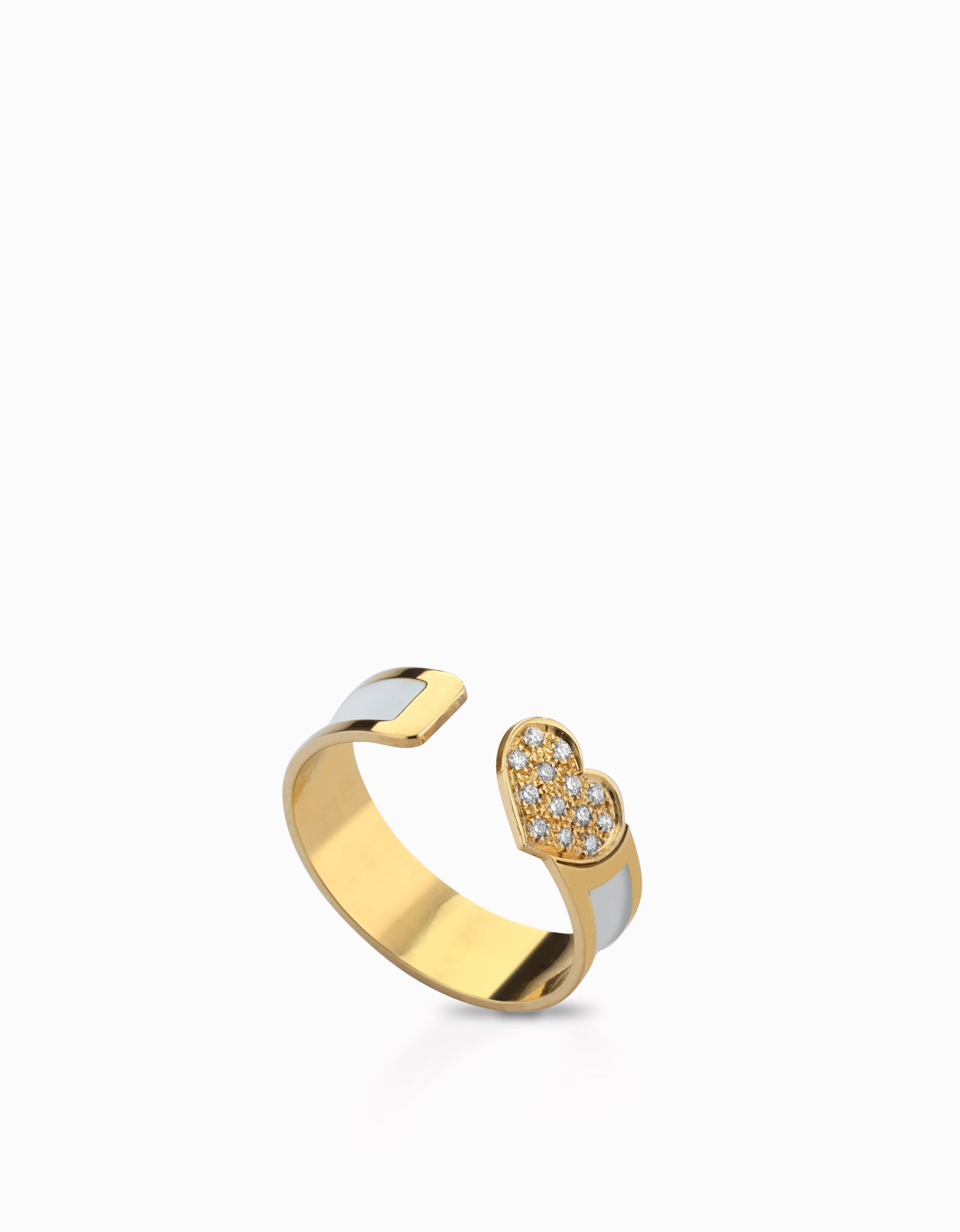 Anello aperto in oro giallo con smalto bianco e cuore di diamanti