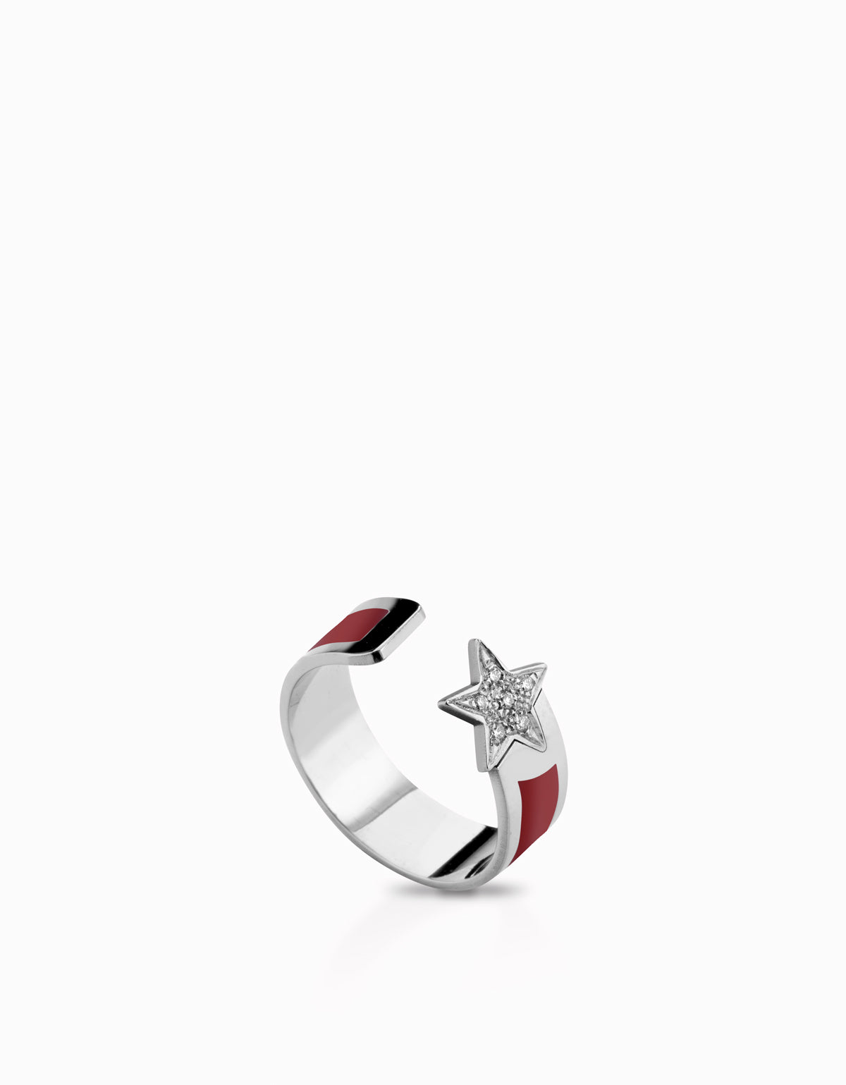 Anello aperto in oro bianco con smalto  rosso e stella  di diamanti