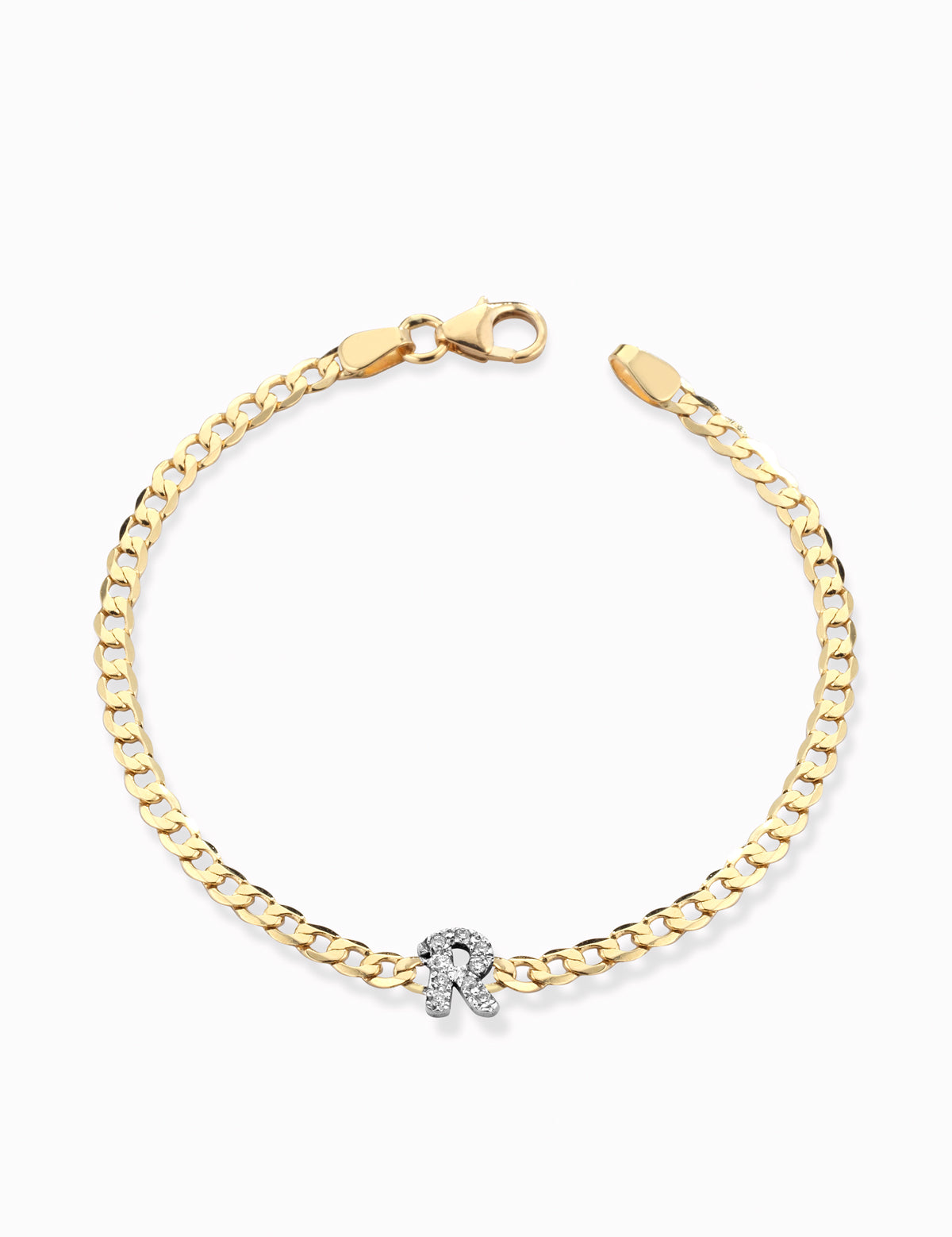 Bracciale groumette in oro giallo con lettera oro bianco  di diamanti