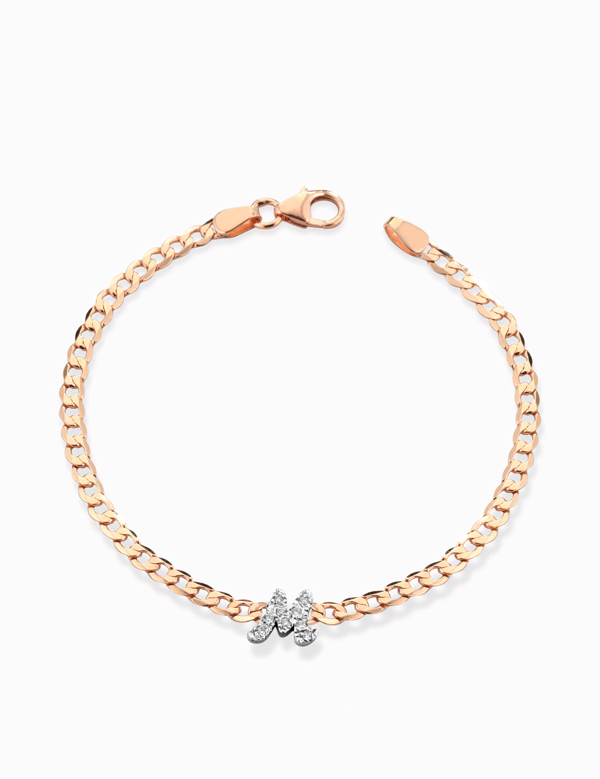 Bracciale groumette in oro rosa con lettera in oro bianco di diamanti