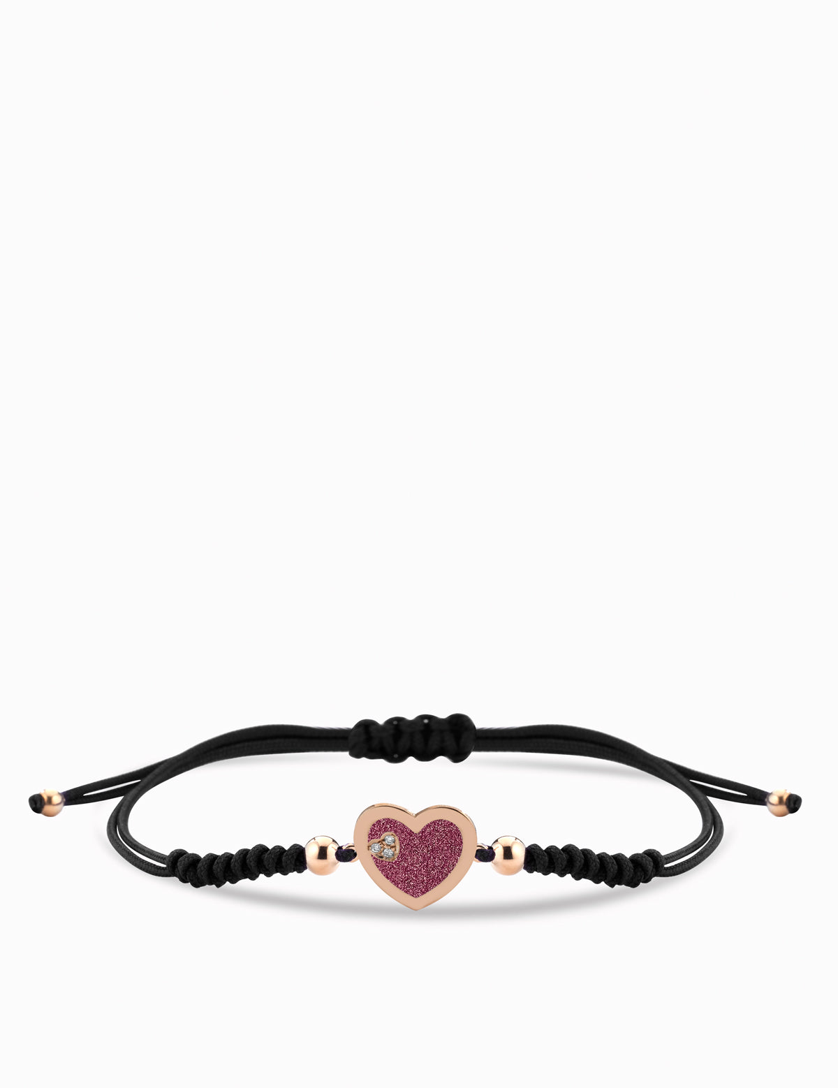 Bracciale con laccio nero e cuore smaltato fucsia in oro rosa con diamanti