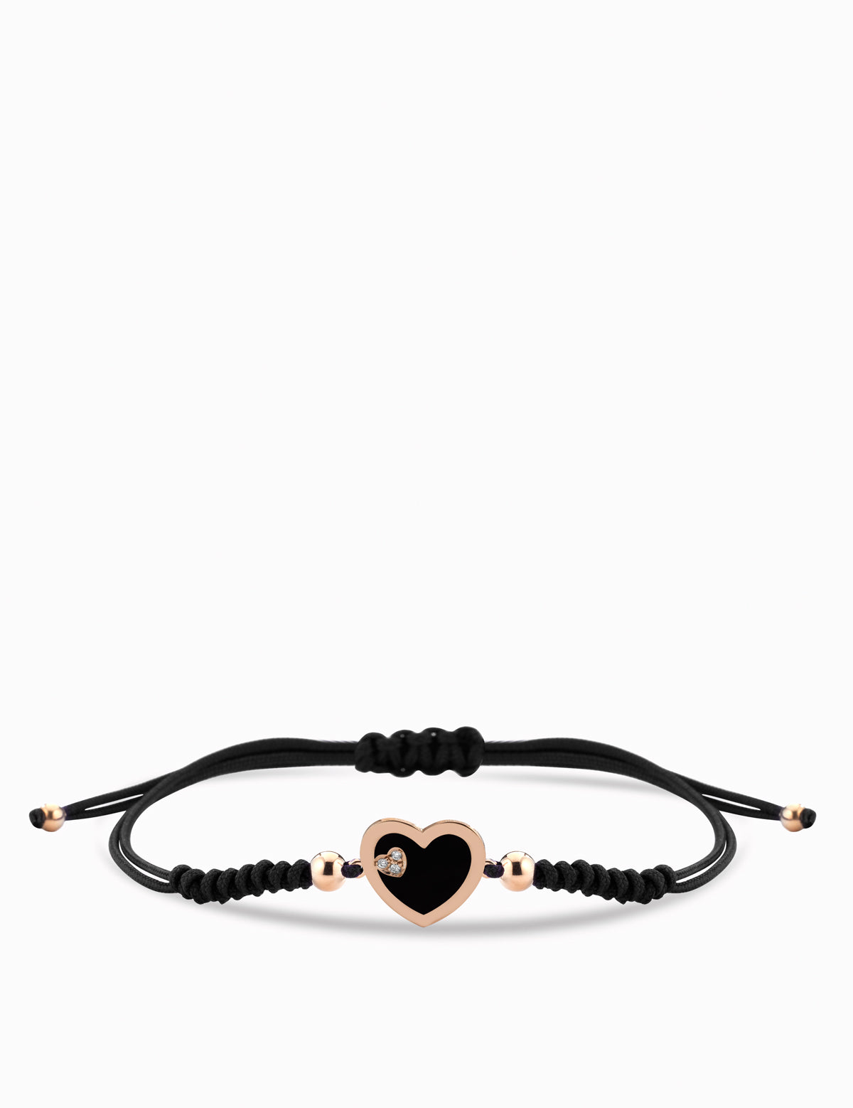 Bracciale con laccio nero e cuore smaltato nero in oro rosa con diamanti