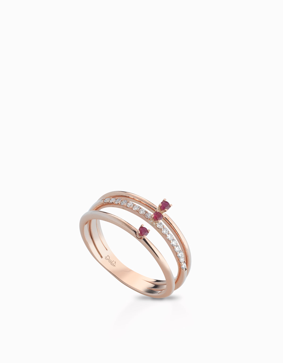 ANELLO TRILOGY IN ORO ROSA CON DIAMANTI E RUBINI