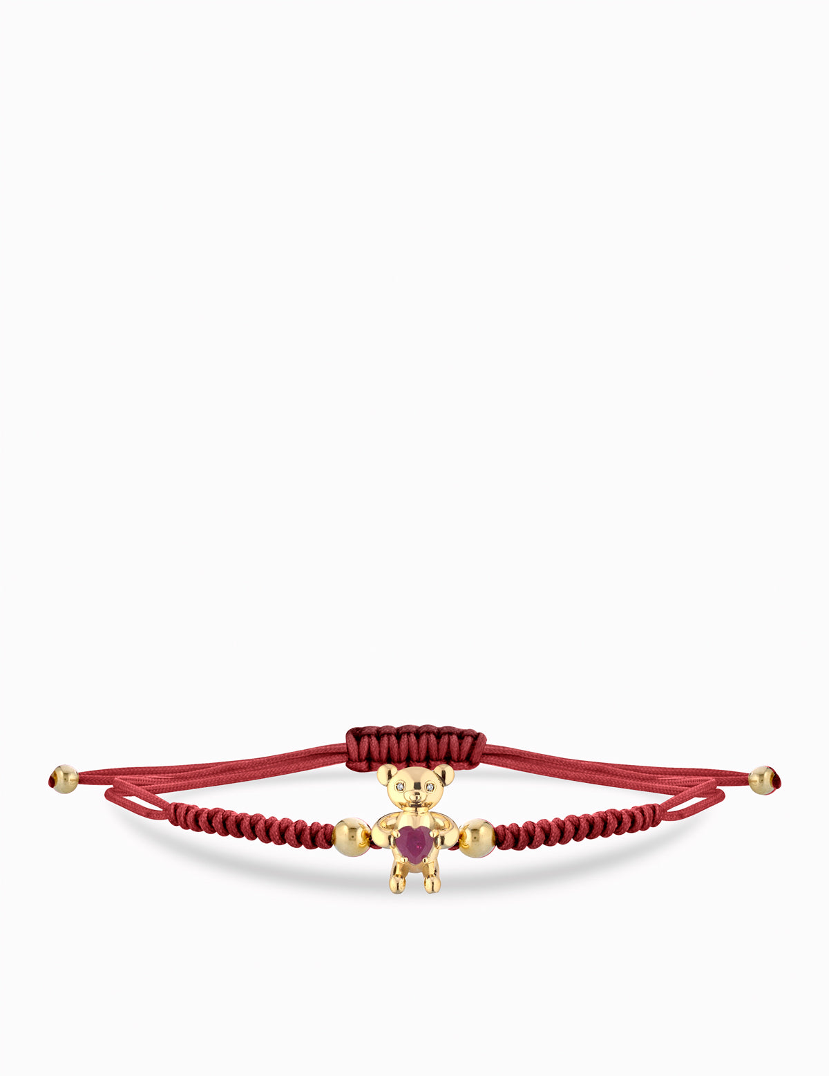 BRACCIALE ORSETTO IN ORO GIALLO CON CUORE DI RUBINO E LACCIO ROSSO