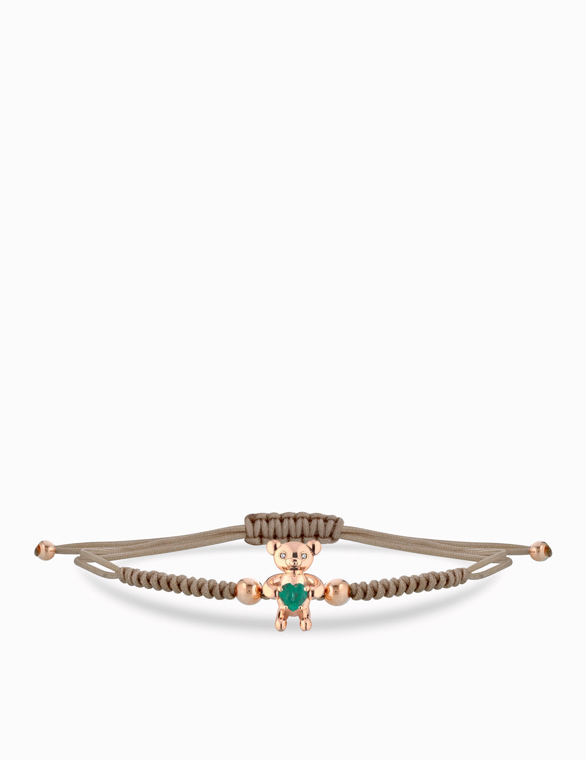 BRACCIALE ORSETTO IN ORO ROSA CON CUORE DI SMERALDO E LACCIO MARRONE