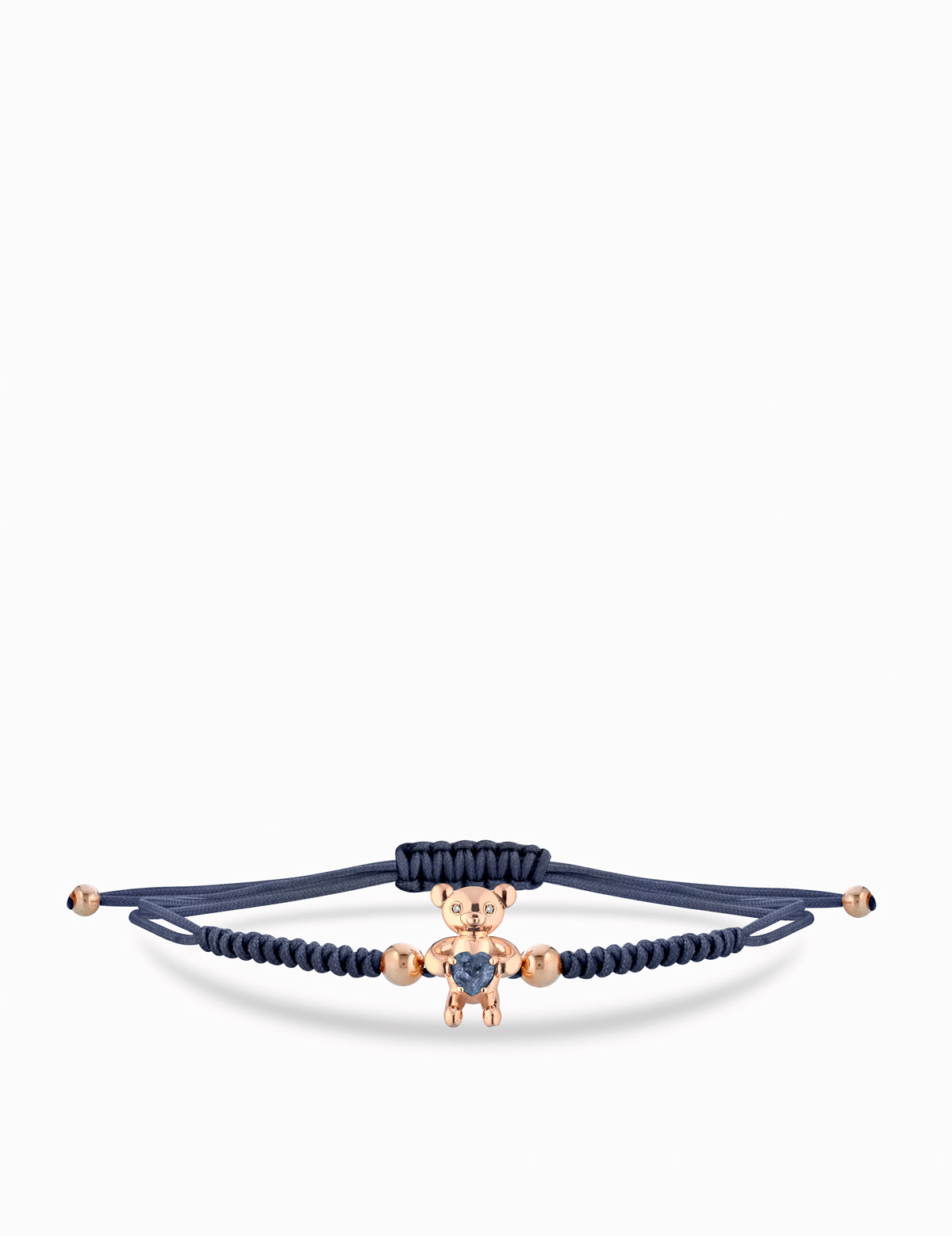 BRACCIALE ORSETTO IN ORO ROSA CON CUORE DI ZAFFIRO E LACCIO BLU