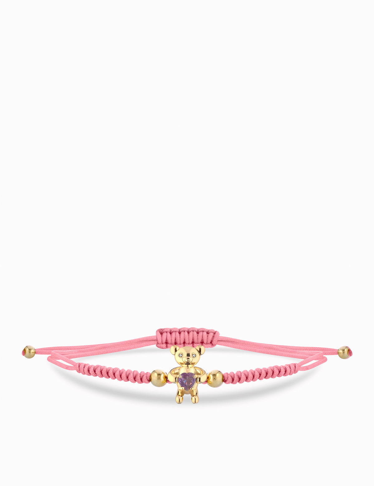 BRACCIALE ORSETTO IN ORO GIALLO CON CUORE DI ZAFFIRO ROSA E LACCIO ROSA
